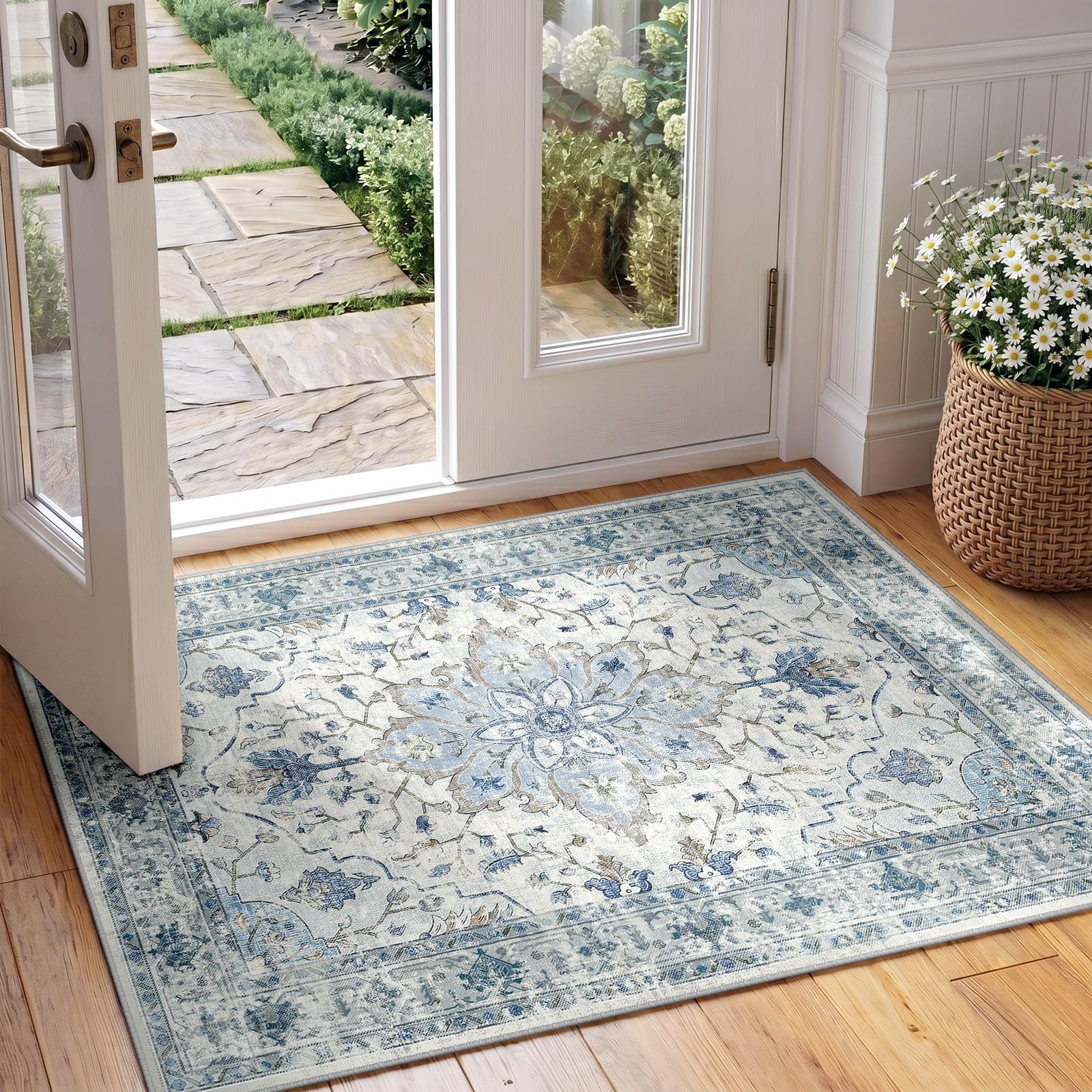 INOVADAY Vintage Waschbarer Teppich Wohnzimmer Boho Kurzflor rutschfest Teppich Weich Teppiche mit Druckmuster für Schlafzimmer, Esszimmer, Büro