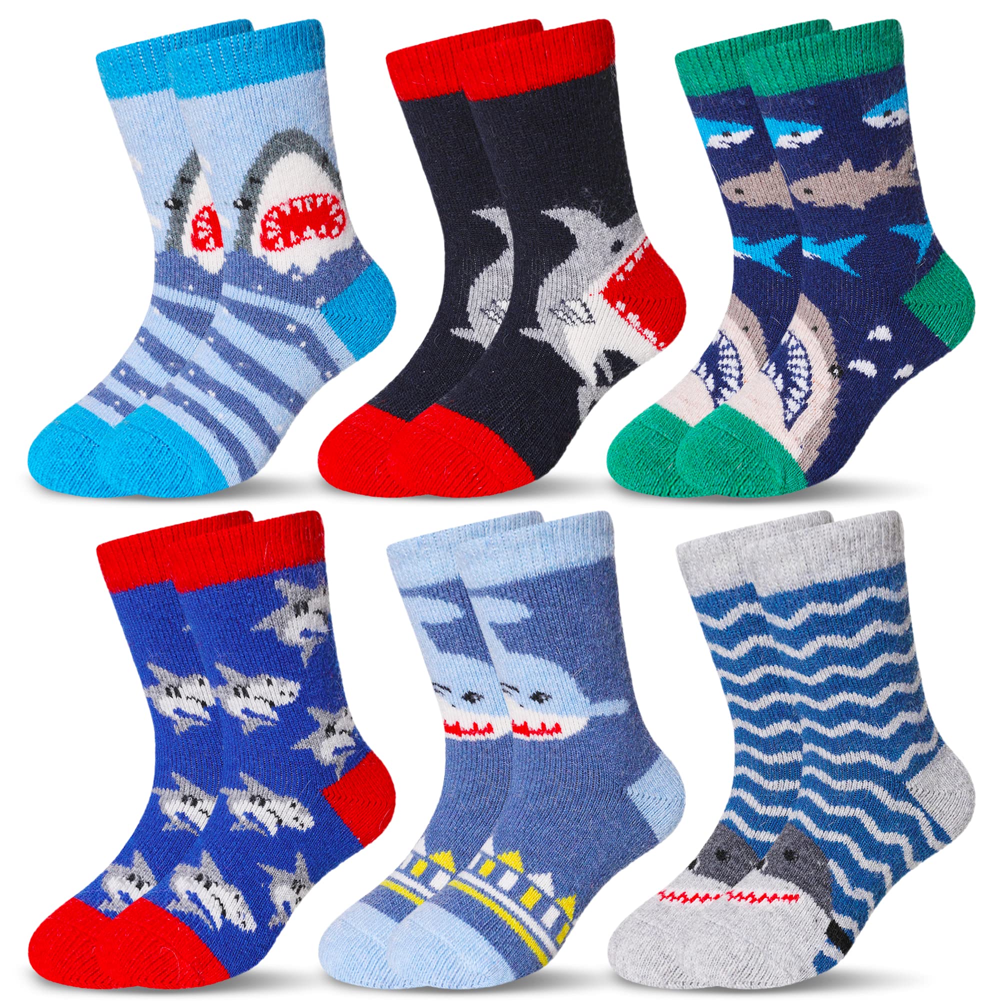 Eocom Kids Wool Socks For Boys Girls Warm Hiking Thermal Winter Cozy Soft Thick Toddlers Crew Boot Socks 6 Pairs(Shark, 8-12 Years)