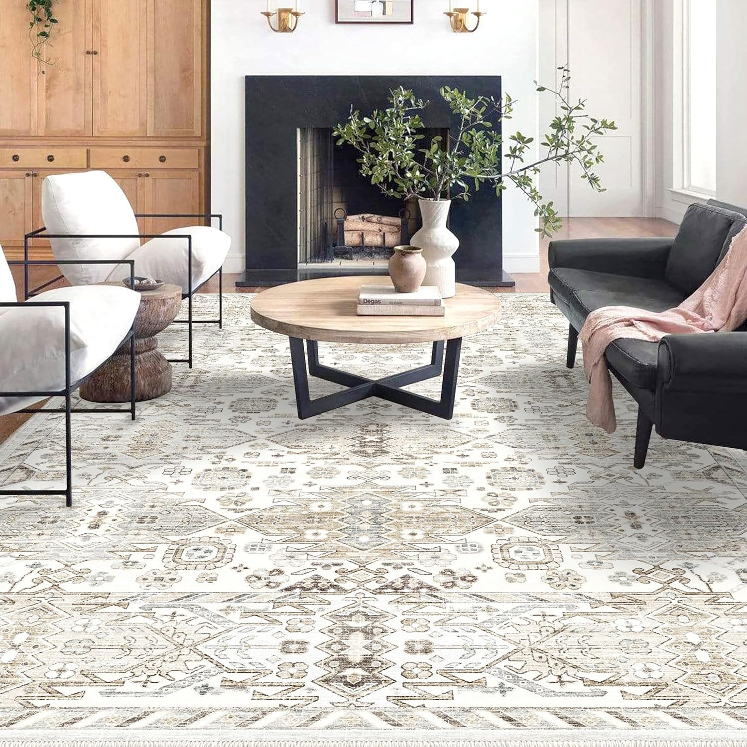 9x12 Area Rug, Machine Washable Rug 9x12, 9x12 Large Area Rug for Living Room, Non-Slip Carpet for Under Dining Table Farmhouse Bedroom Nursery Home Office Cream Multi 9*12