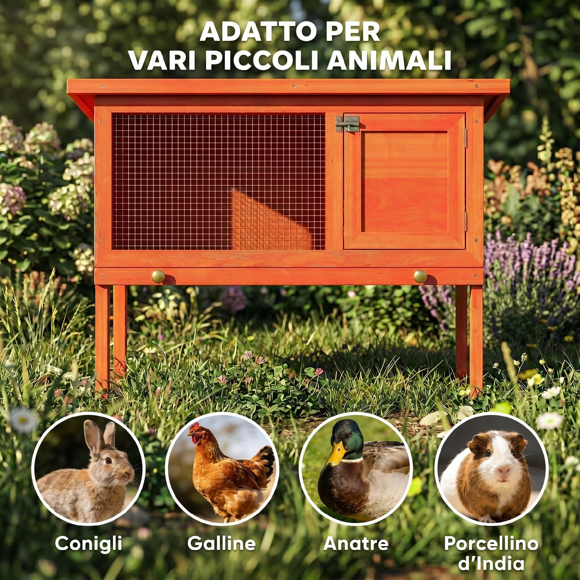 PawHut Conigliera da Esterno in Legno di Pino, Gabbia Casetta per Conigli con Vassoio Estraibile, Tetto Apribile in Bitume, Fondo Rialzato, Porcellini d'India, Cincillà, Arancione