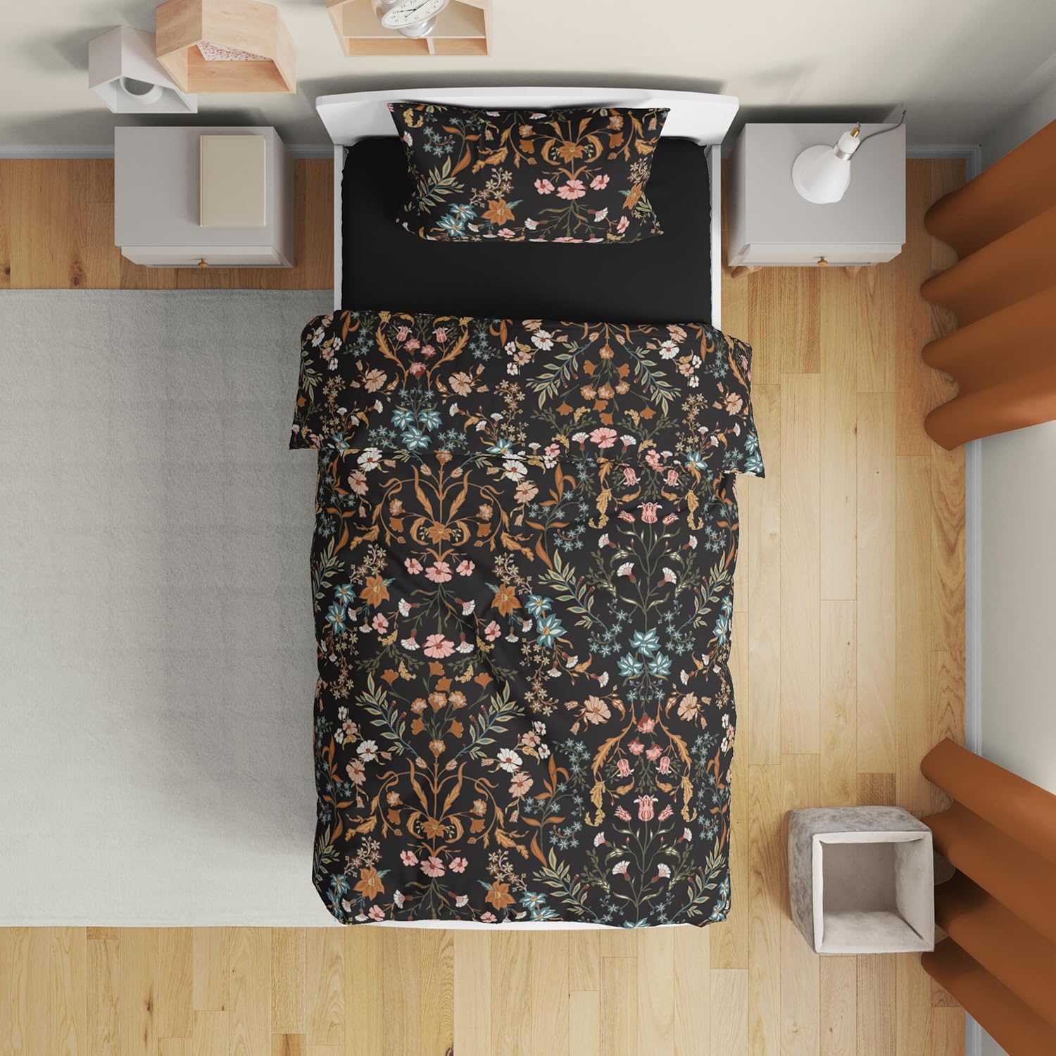 Sweet Jojo Designs Boho Wildflower Vintage Floral Girl Toddler Bedding Set 5p Bed in a Bag Comforter Blanket Pillowcase Sham Sheets Black Orange Teal Bohemian Farmhouse Botanical Paisley Cottagecore