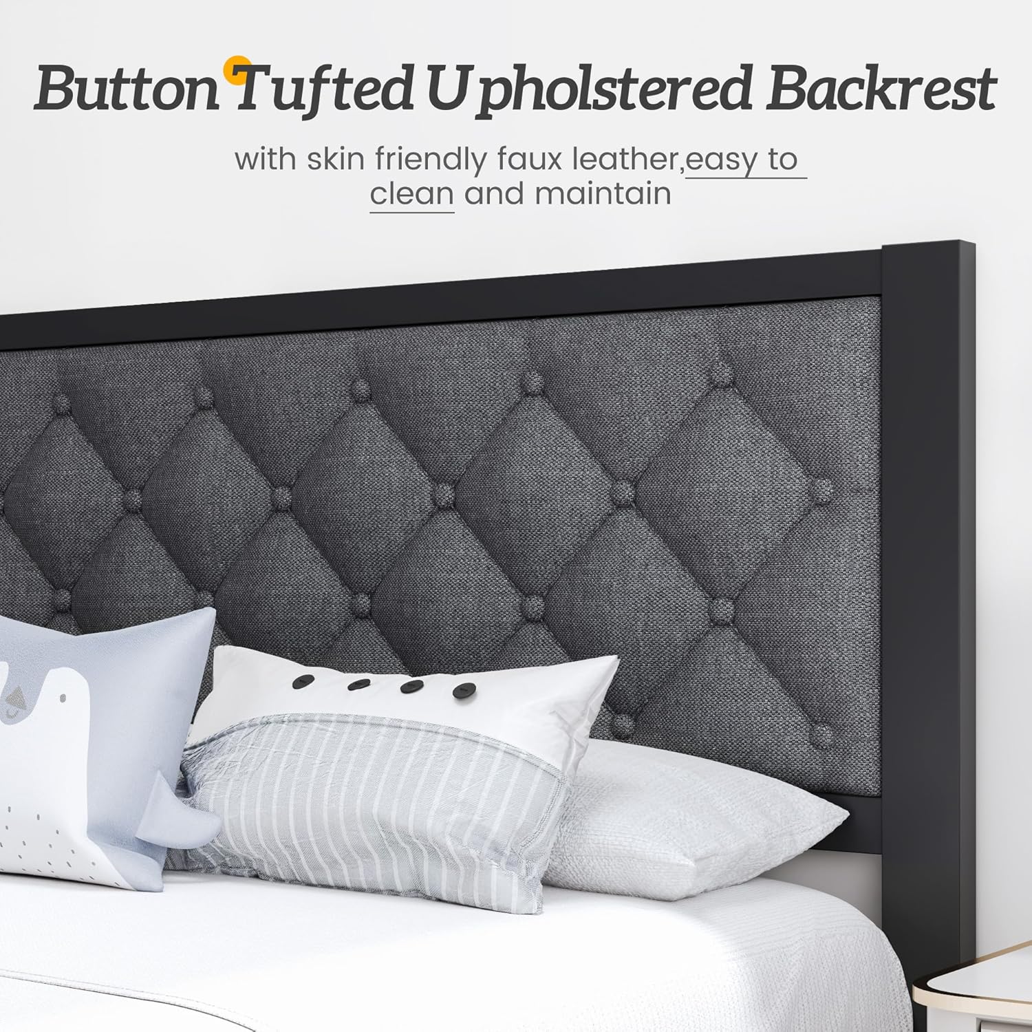 HISOFT Twin Bed Frame with Upholstered Button Tufted Headboard, Bed Frame Platform Metal Slats Support, Under Bed Storage, No Box Spring Needed, Noise-Free, Easy Assembly, Grey