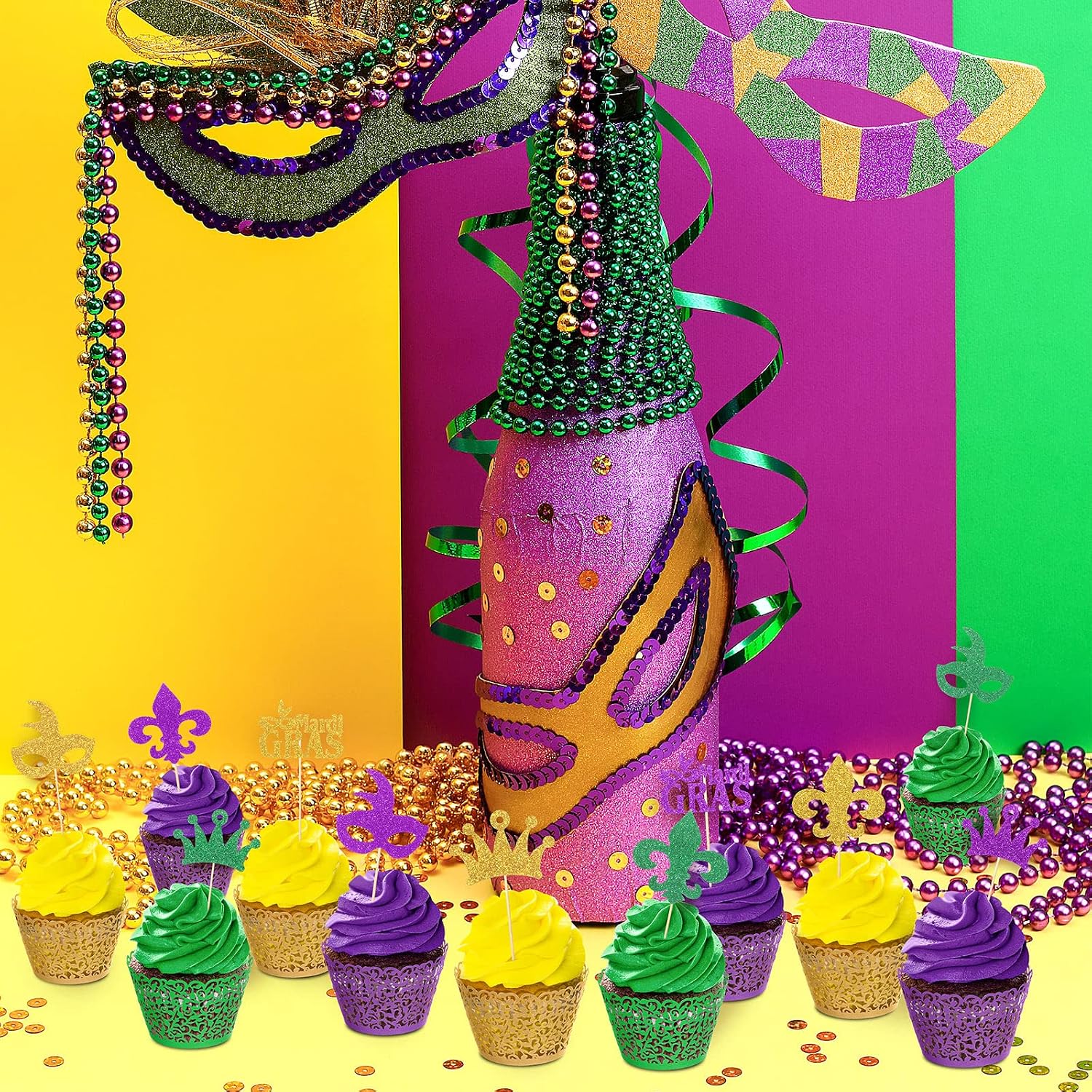 Honeydak 120 Pieces Mardi Gras Baking Wrapping Set Include 60 Pcs Artistic Cupcake Wrappers Bake Cake Paper Cups Little Vine Lace Laser Cut Liner and 60 Pcs Glitter cake Toppers for Party Decoration
