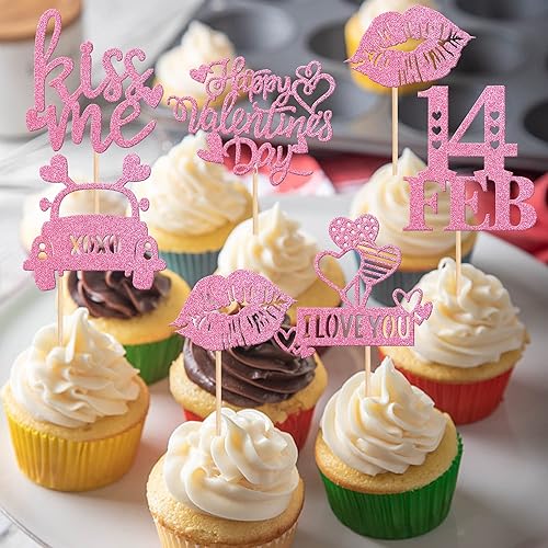 Miniatura 3 de Rsstarxi Paquete de 24 adornos para cupcakes con purpurina para el día de San Valentín 14 de febrero Kiss Me Love Heart Cupcake Picks Lips I Love
