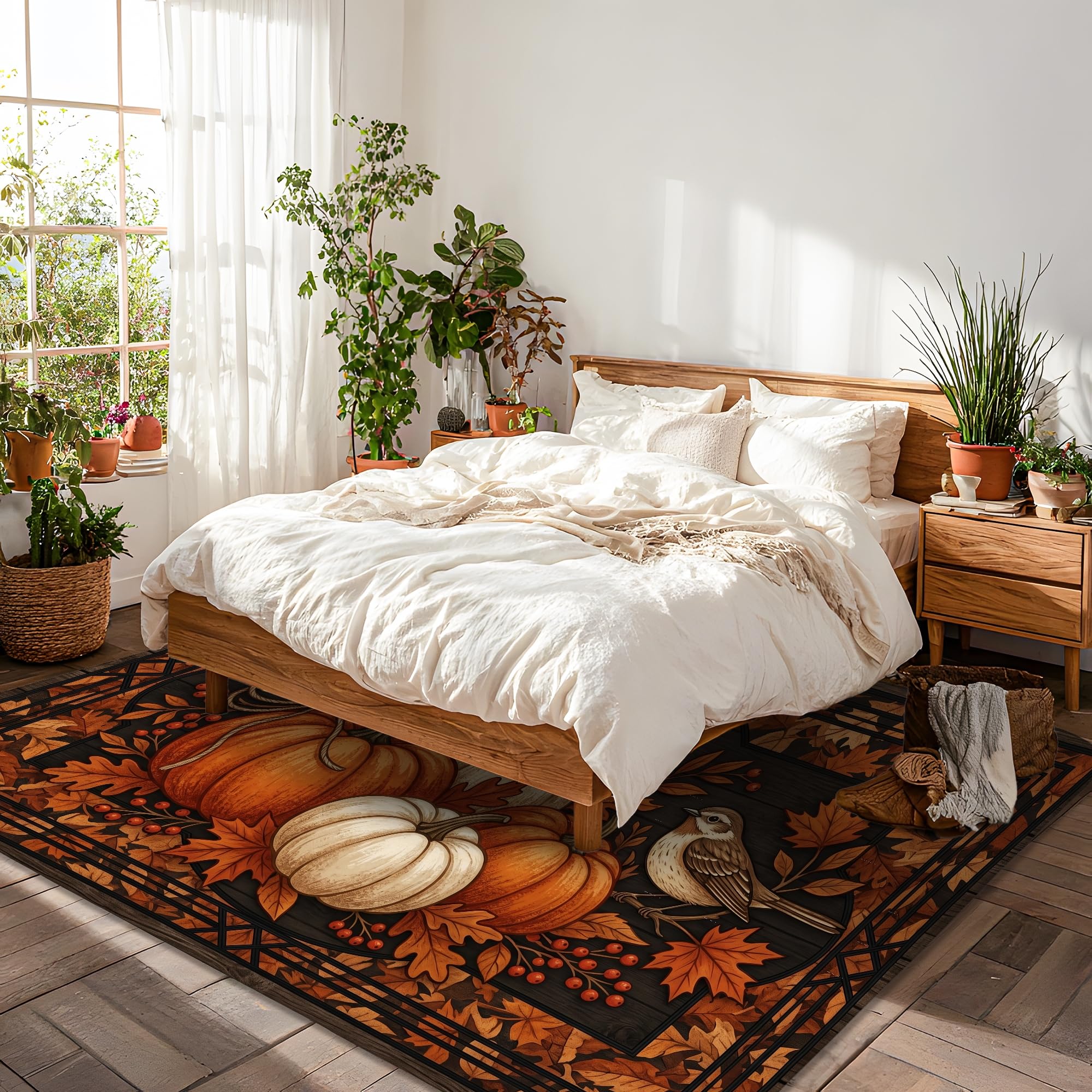 Alfombra rústica tradicional con diseño de calabazas, hojas, pájaros, otoño, naranja, antideslizante, suave, rectangular, resistente a las manchas, para sala de estar, dormitorio, aula, decoración de