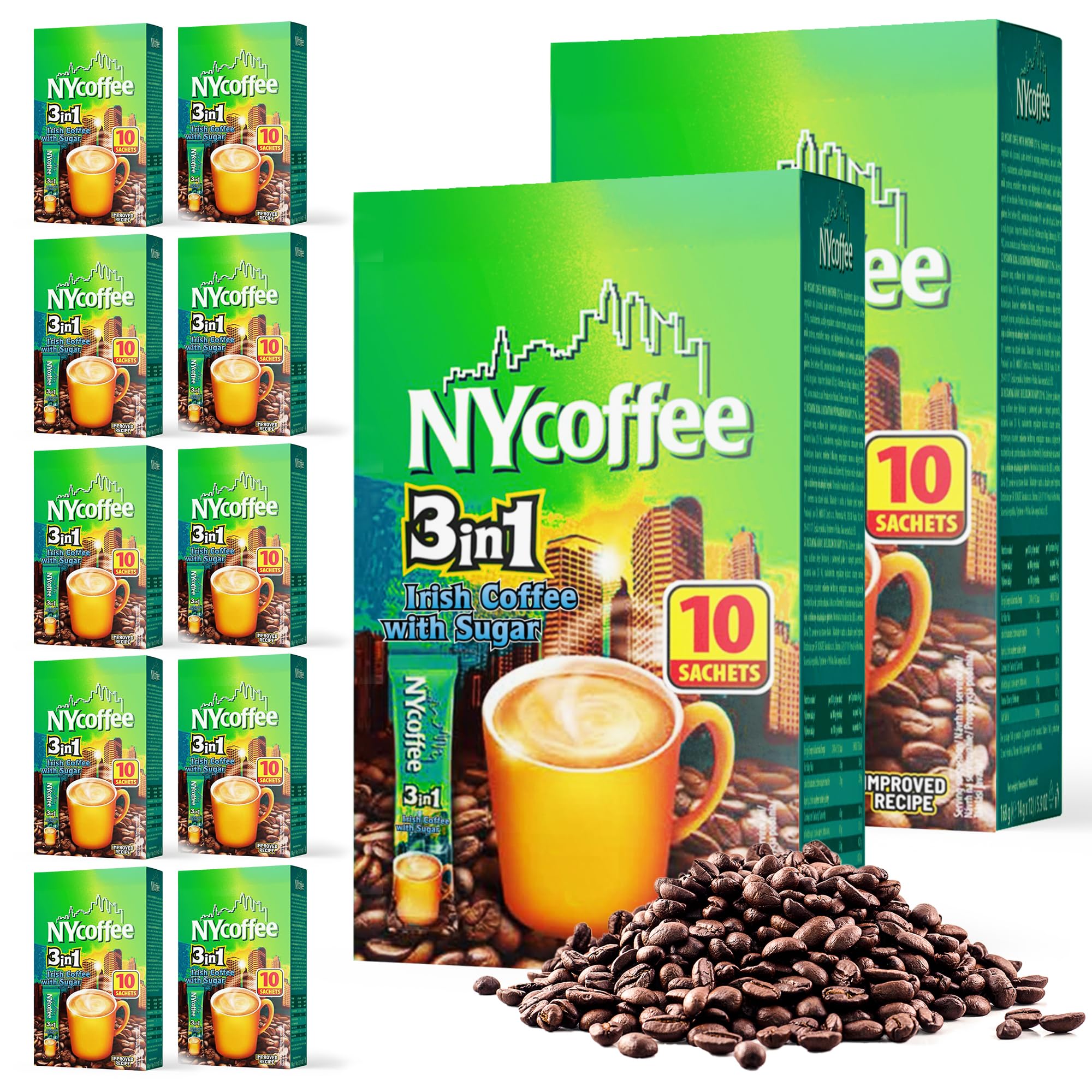 SOL 100pk Bulk NY 3-in-1 Coffee Sachets, Irish Latte Flavour, Case Pack Includes 10 x 10 Individually Wrapped Instant Sticks, Convenient and Portable, Perfect for Home, Office, or Travel