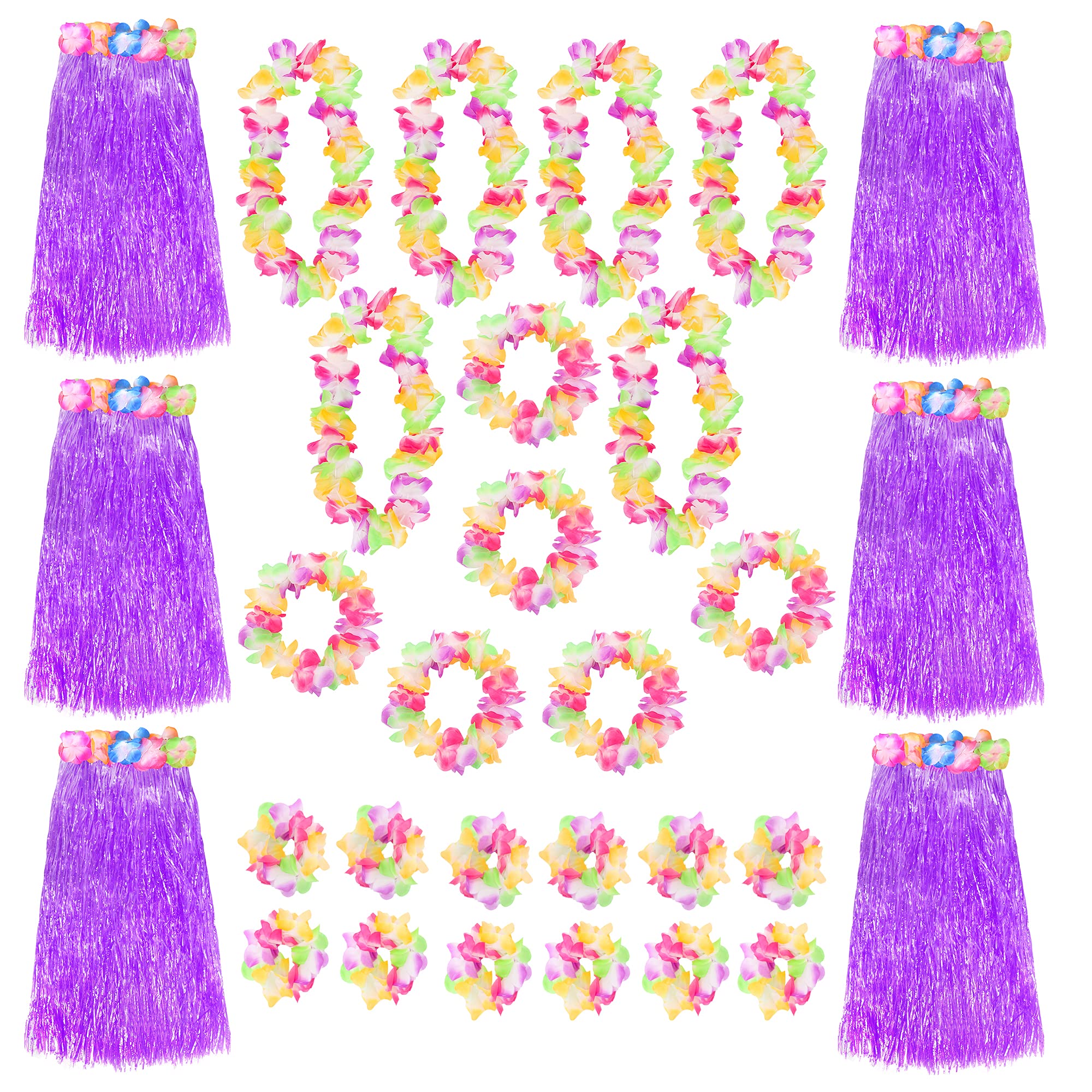 Purple Hawaiian Hula Skirt and Multicoloured Lei Set X6 - Flower Necklace, Headband and Bracelet - 80cm Grass Hula - Luau - Fancy Dress Costume Accessory