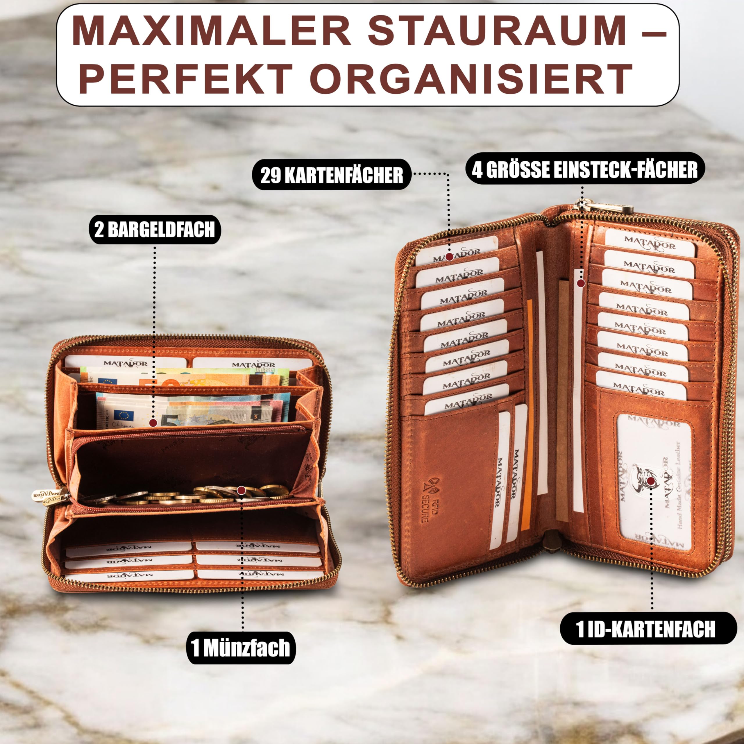 MATADOR Madrid portmonetka damska ze skóry w eleganckim pudełku prezentowym, elegancki portfel z blokadą RFID, luksusowy portfel damski, wiele przegródek na karty, braun konjak, MADRID CLASSIC