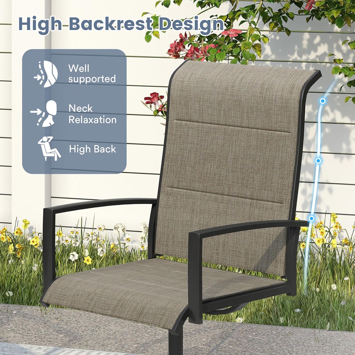 VICLLAX 3 Pieces Small Patio Table and Swivel Chairs for 2, All Weather Patio Dining Set, Black Tabletop and Mixed Brown Fabric
