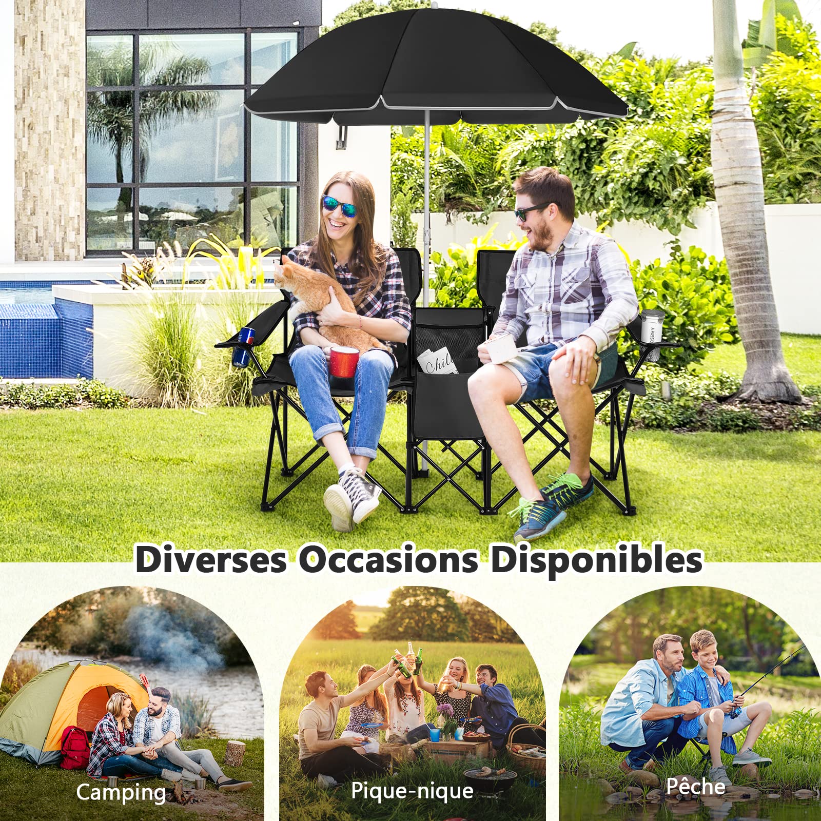 COSTWAY Chaise de Camping Pliante, Fauteuil de Jardin 2 Places avec Glacière, Porte-gobelet, Parasol, Sac,152x52x85CM, Charge Max 113 KG, pour Randonnée, Plage, Pêche (Noir, 2 Places)
