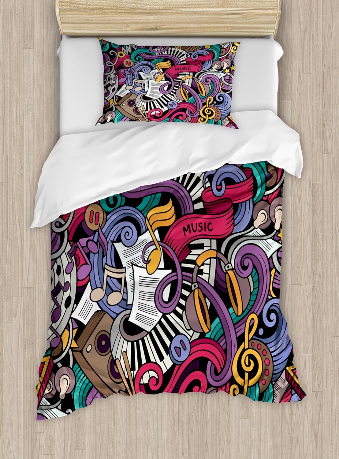 Ambesonne Hipster Duvet Cover Set, Music Themed Hand Drawn Abstract Instruments Microphone Drums Keyboard Stradivarius, Decorative 2 Piece Bedding Set with 1 Pillow Sham, Twin Size, Coral Purple Twin Coral Purple