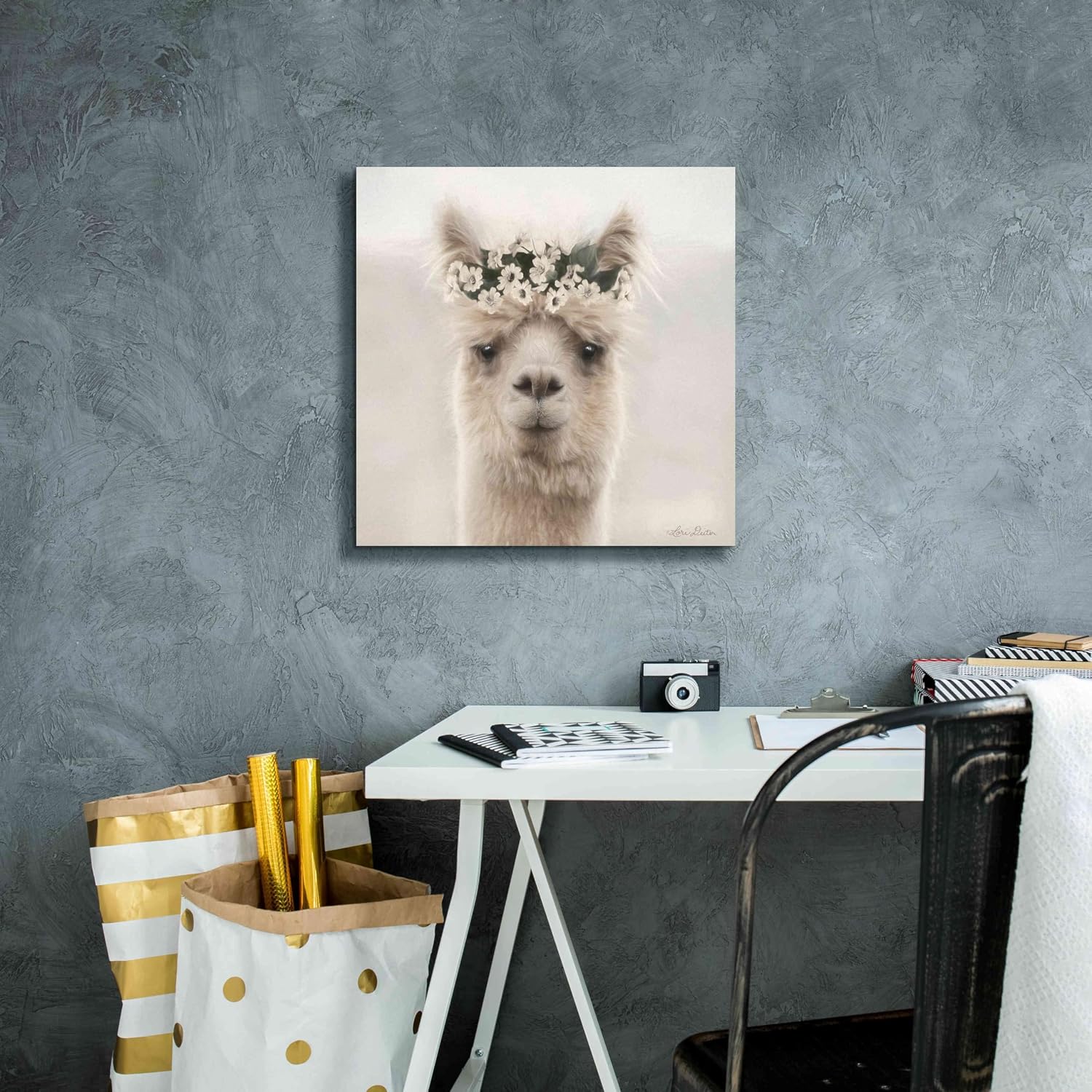Epic Graffiti 'Alpaca with Flowers' by Lori Deiter, Canvas Wall Art, 18"x18"