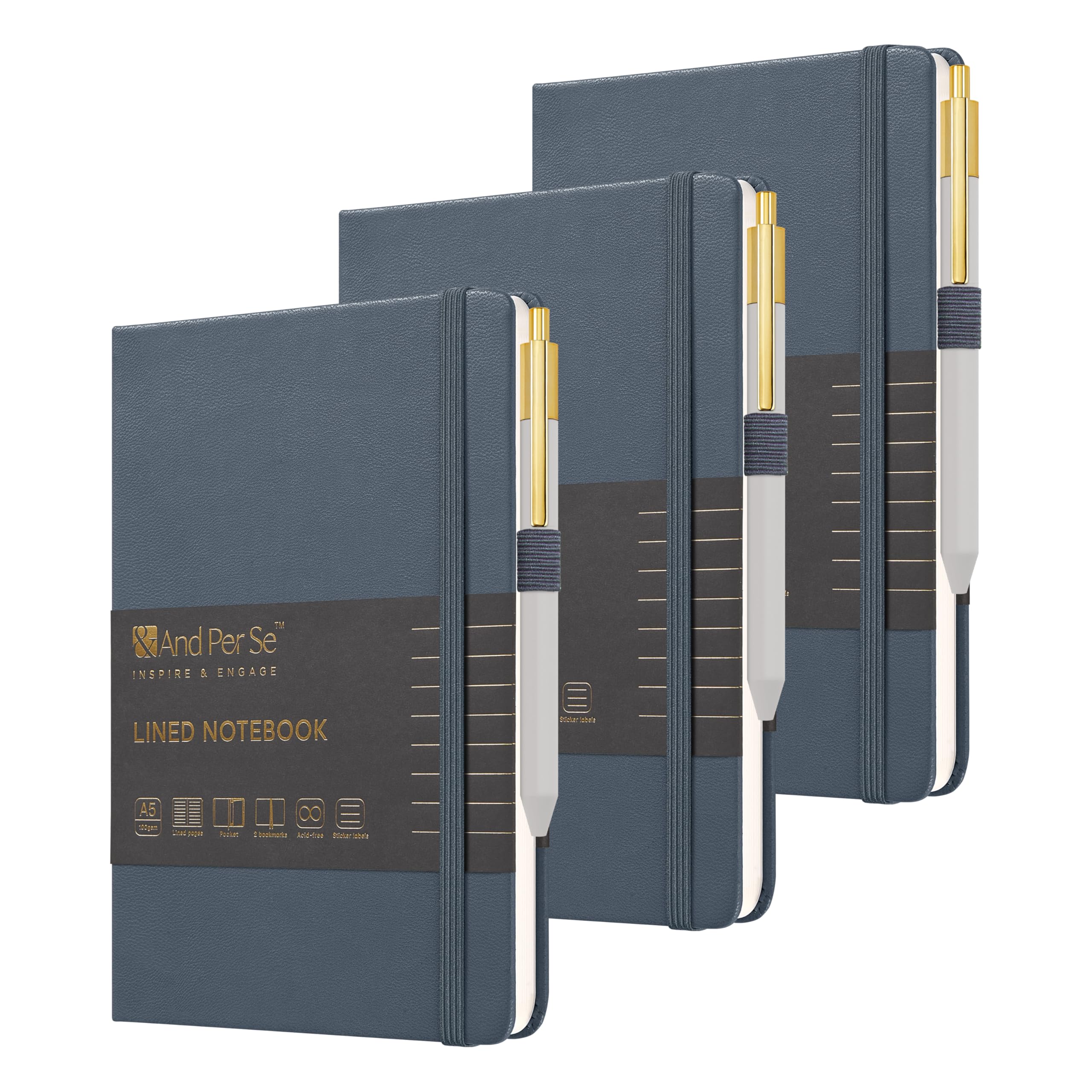 &And Per Se Set di diario e penna a righe (3 confezioni), quaderno A5 con copertina rigida in pelle con penna e set di cancelleria, 160 pagine, 100 g/m², carta a righe spesse, per lavoro e scrittura