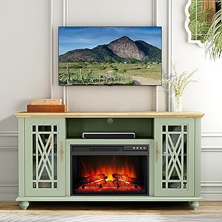 FESTIVITY 62 Inch TV Stand Entertainment Center with 26" Electric Fireplace Insert, 2 Glass Doors & 4 Shelves for TVs up to 65", Farmhouse TV Console Table for Living Room & Bedroom (Green)