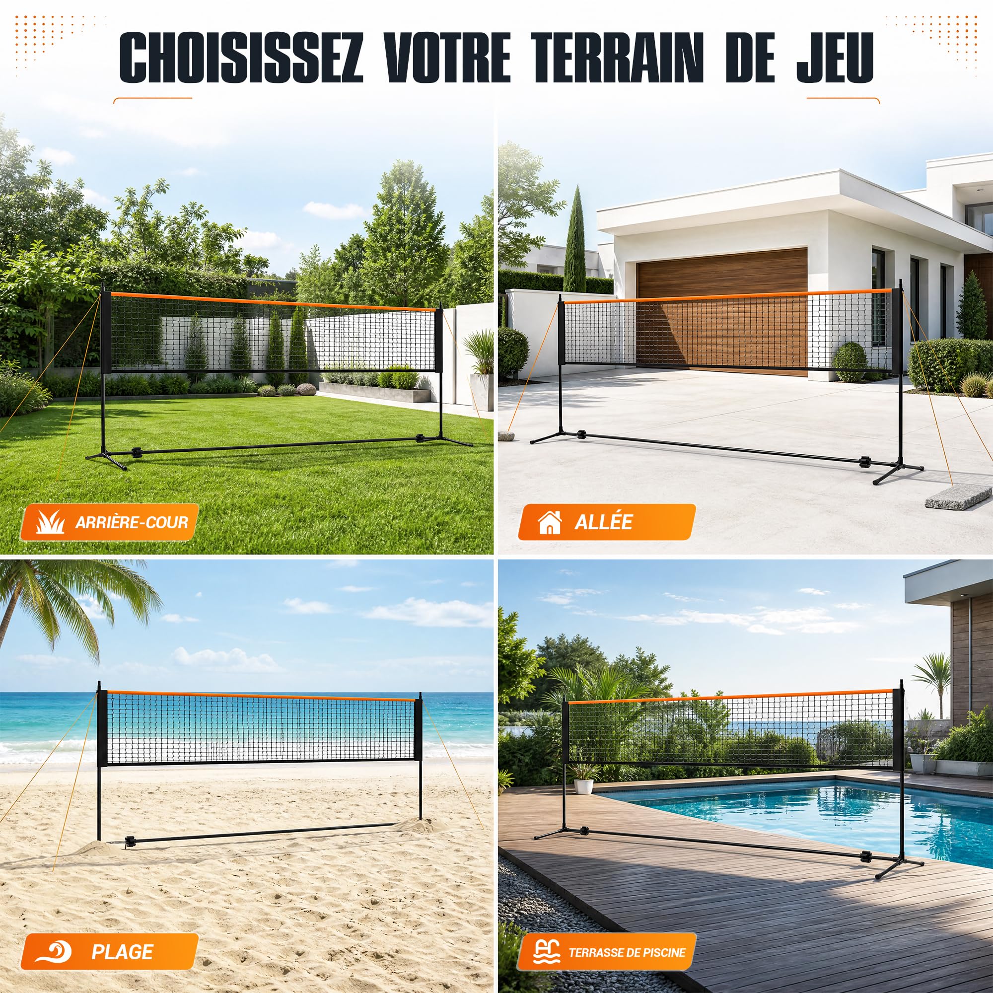 Filet de Badminton Portable pour l'intérieur et l'extérieur - Réglable en Hauteur sur 4 Positions - pour Tennis, Football, Tennis, Pickleball, Volley-Ball, Badminton - Facile à Installer