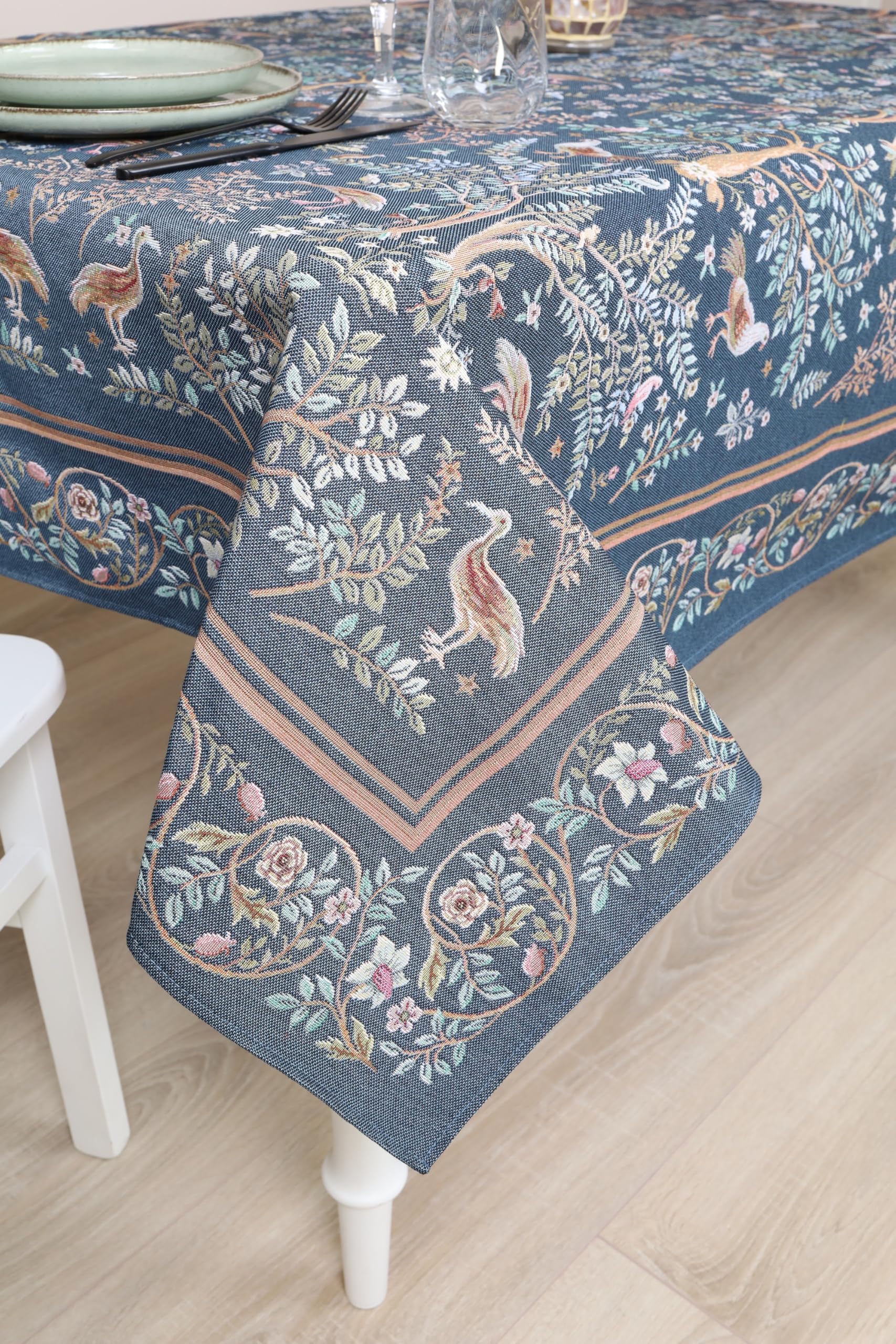 Tovaglia 165x300 cm William Morris "Paradiso in Terra" - blu, tovaglia Gobelin Jacquard di alta qualità, decorazione per tavolo da pranzo, facile da pulire, lavabile fino a 30 °C