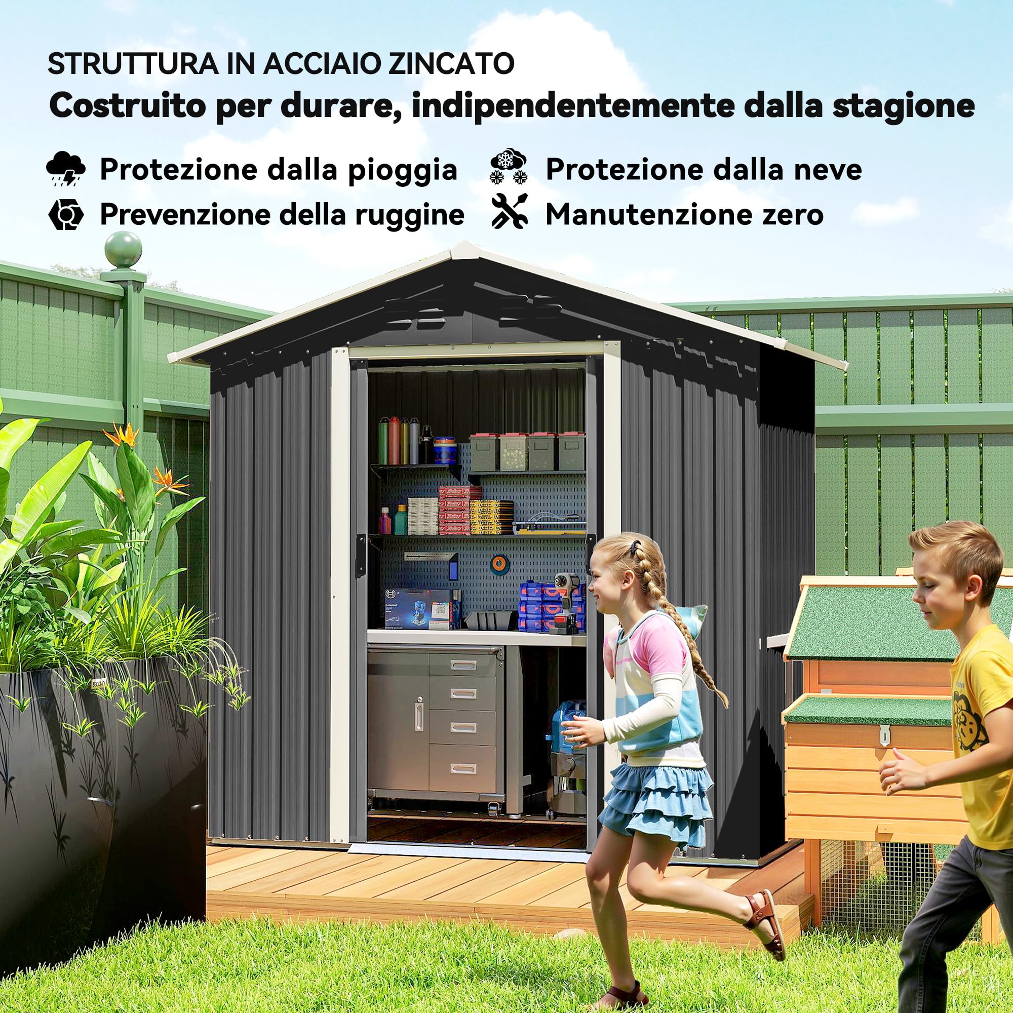Outsunny Casetta da Giardino 1.8m² Prese d'Aria 194x107x191 cm Grigio Scuro | Acciaio Zincato, Capanno Porta Attrezzi, Doppia Porta Scorrevole Bloccabile, Tetto Inclinato, Guanti