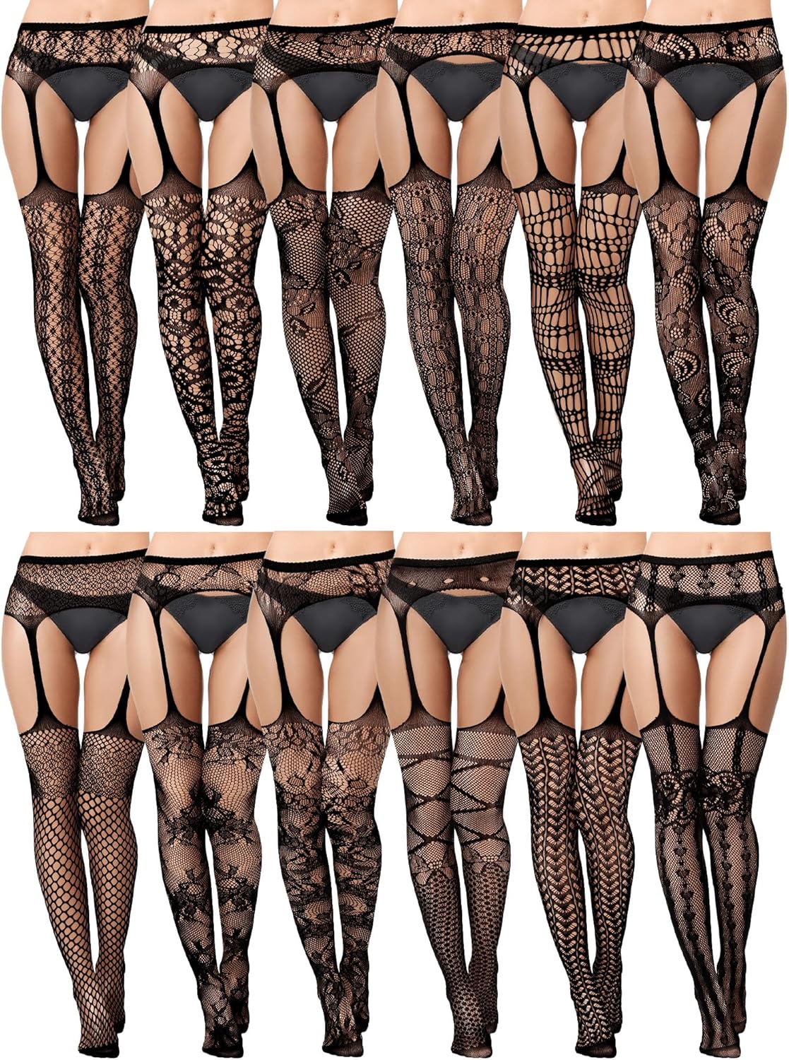 Skylety 12 Pairs Women Fishnet Thigh High Stockings Patterned Tights Suspender Pantyhose Stockings for Women
