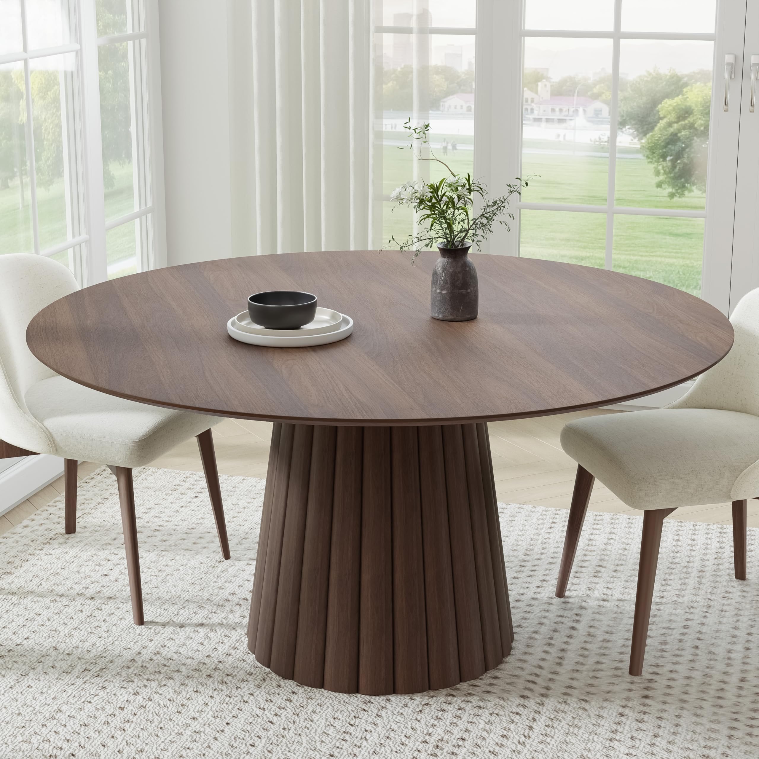 Photo 1 of *** TOP ONLY***Casaphoria 60" Round Dining Table, Modern Wood Kitchen Table with Cone Shaped Strip Convex Base for Living Room & Dining Room, Easy Assembly Farmhouse Furniture for 4-6, Walnut