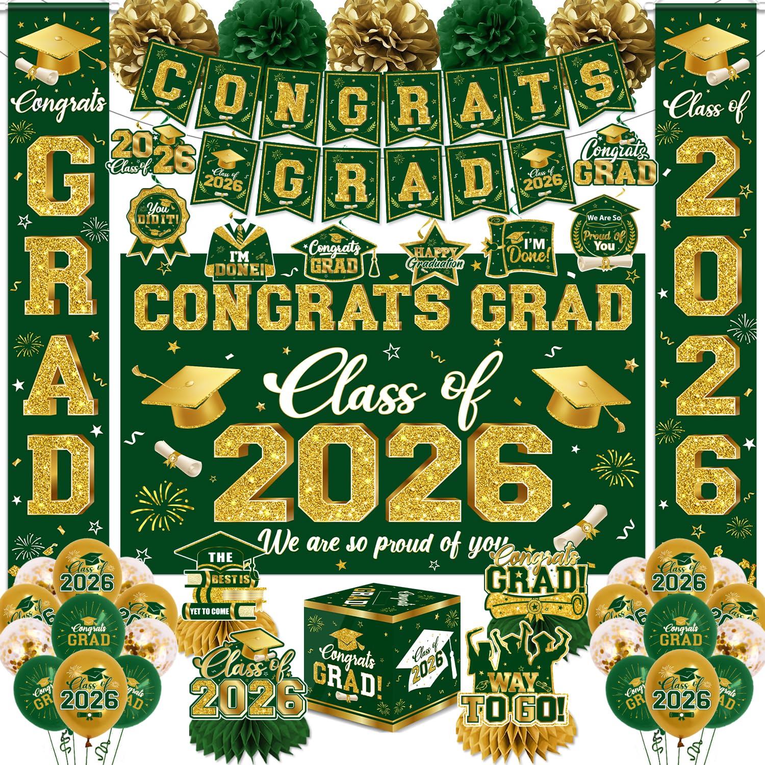Photo 1 of 2026 Graduation Decorations - Green Congrats Grad Party Supplies include Card Box, Backdrop, Banner and Balloons for Class of 2026 Decorations Set
