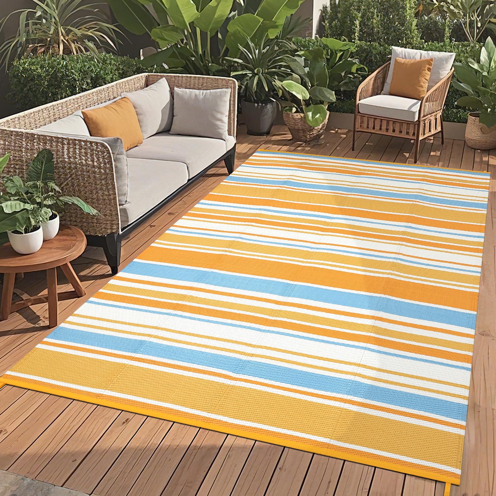 Tapis d'extérieurérieur Moderne et réversible – Résistant UV et imperméable, Paille Plastique, Facile à Nettoyer, idéal terrasse, Jardin, Plage, Camping – Bleu/Orange/Jaune/Blanc, 9x12ft