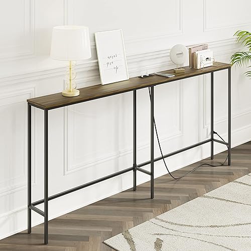 Miniatura 1 de SONGXIN Mesa consola de 63 pulgadas con toma de corriente, moderna y estrecha mesa de sofá larga detrás del sofá, mesa de entrada delgada con marco