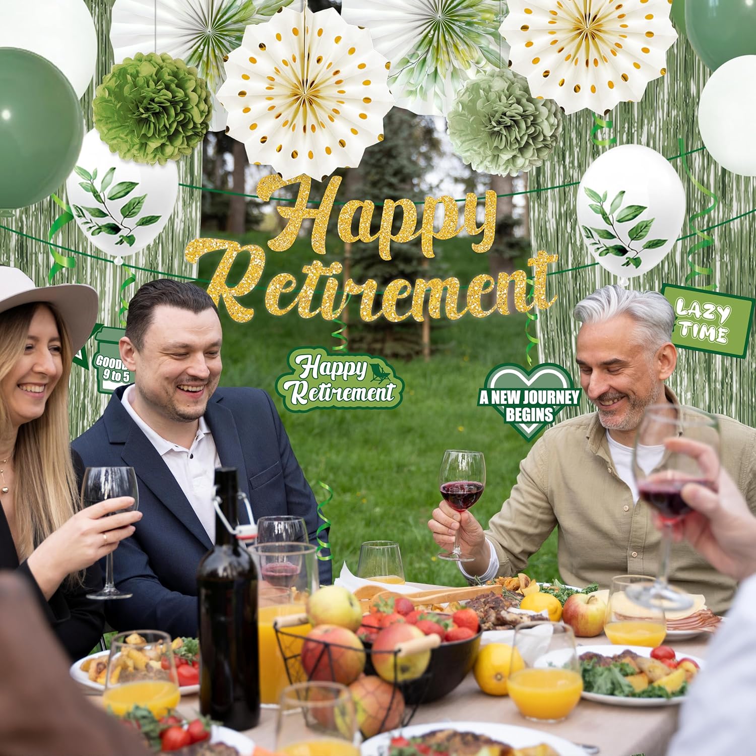退職パーティーデコレーション セージグリーン Happy Retirement Banner ペーパーファン ホイルカーテン 吊り下