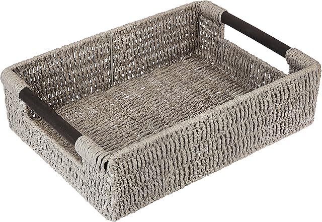 woodluv Multipurpose Paper Rope Storage Hamper Basket With Wooden Handle, Grey, Large - Ideal For Home/Office & Gifts Hamper