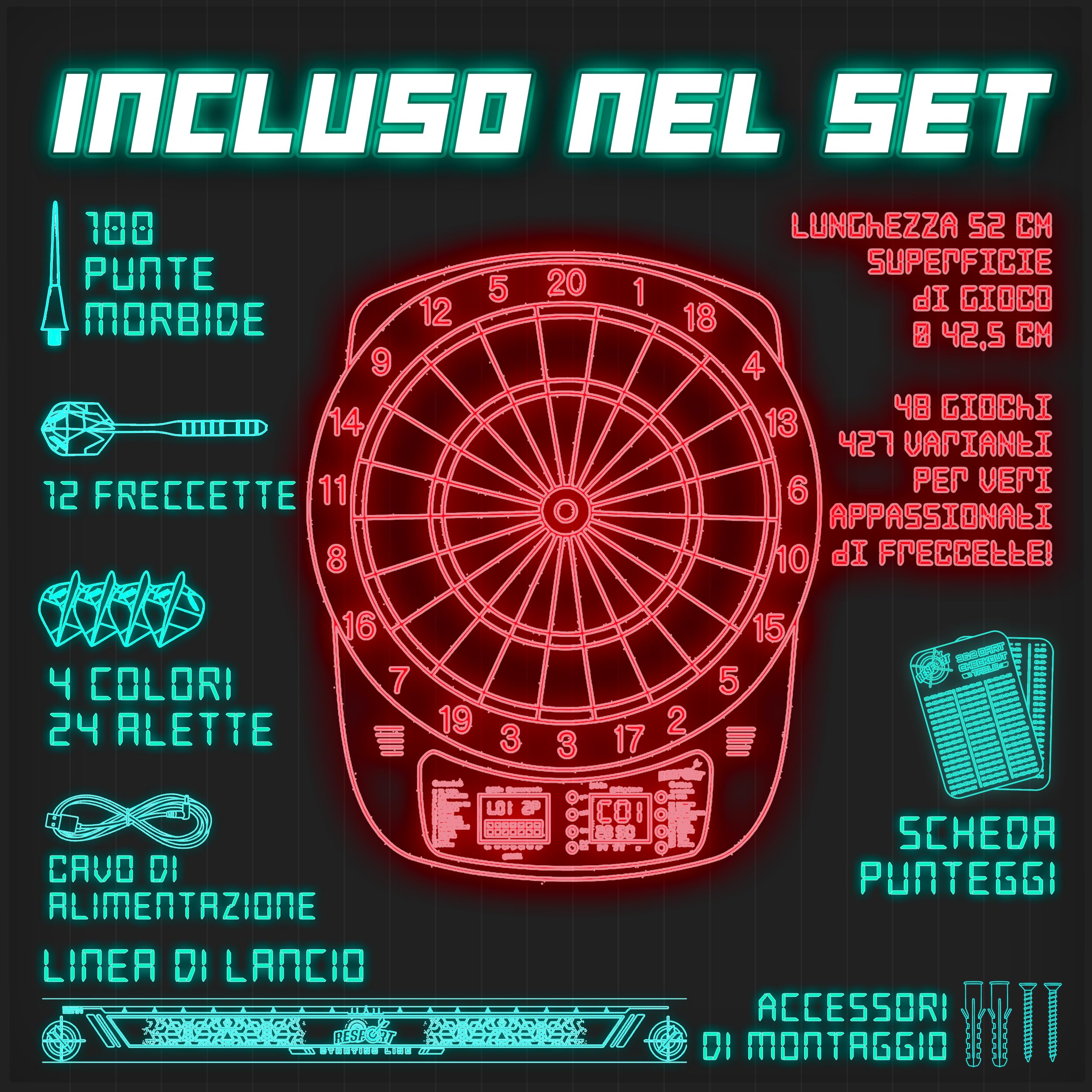 RE:SPORT® Bersaglio elettronico per freccette, set professionale con 12 freccette + 24 ali Pro + 100 punte per freccette e accessori | E Dartautomat per 1–8 giocatori con 427 varianti | Bersaglio