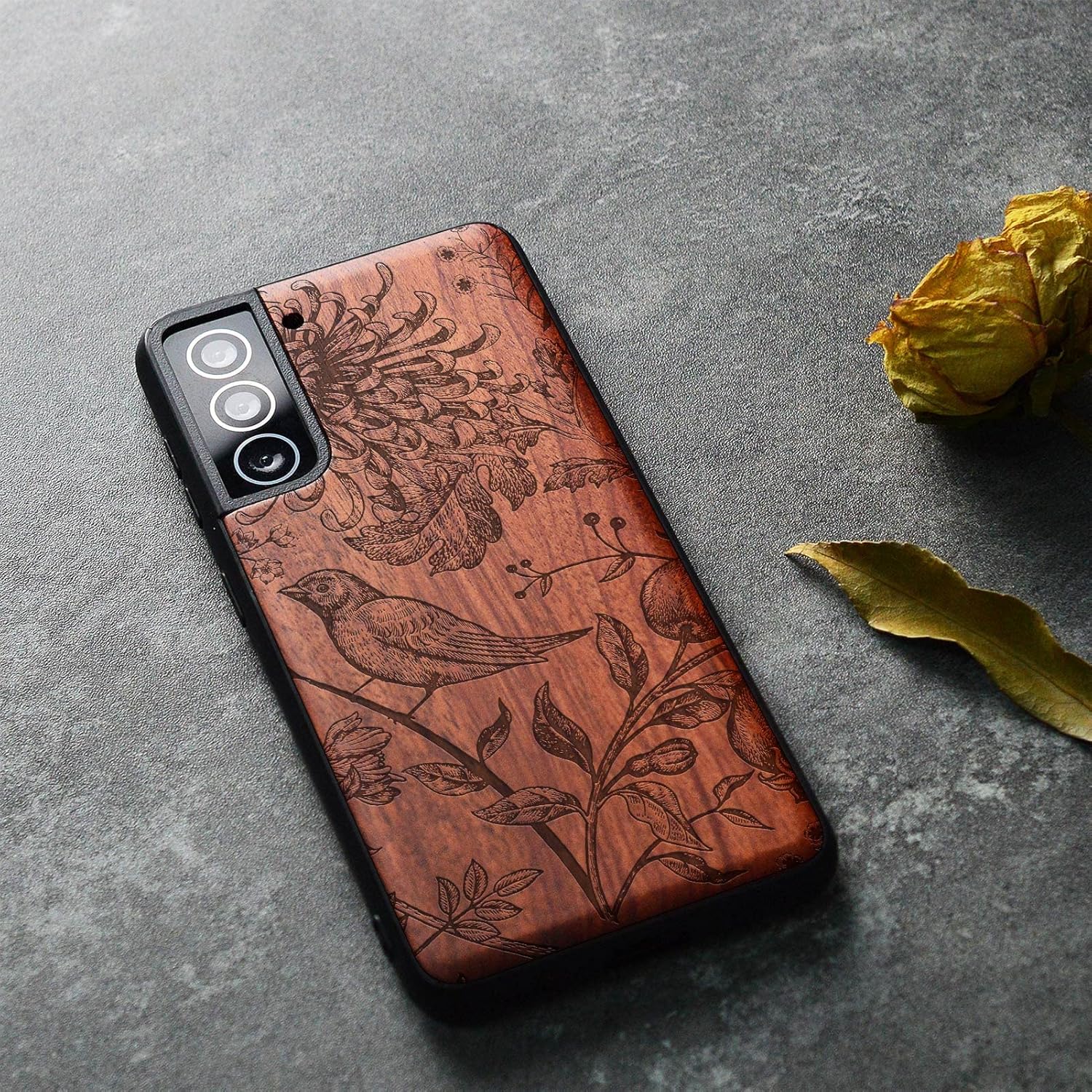 Carveit Wood Case for Galaxy S22 Case [Natural Wood & Black Soft TPU] Shockproof Protective Cover Unique Wooden Design Compatible with Samsung S22 (The Arts & Crafts-Rosy)