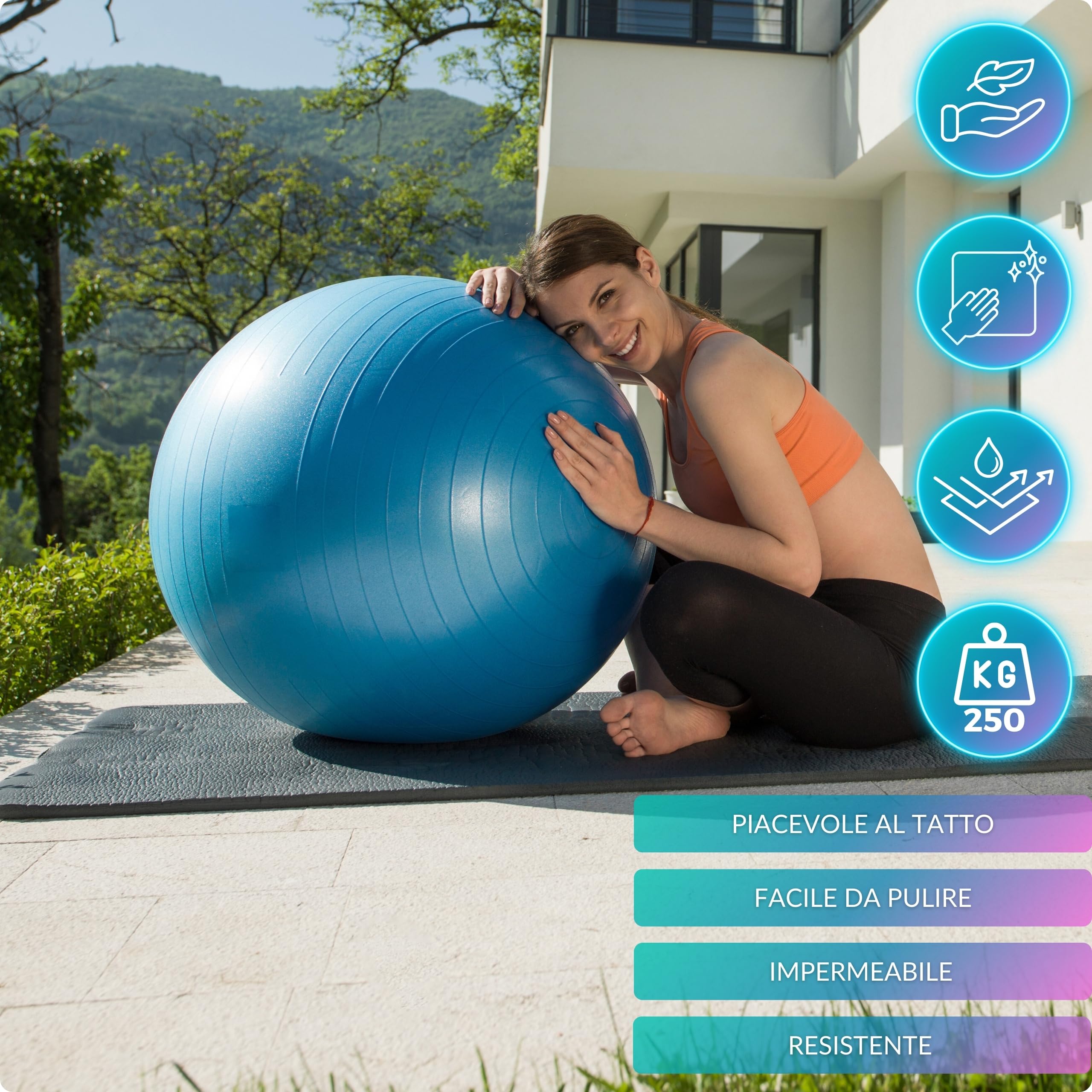 Palla Pilates 65 cm - Fitball Gravidanza Anti-Burst, Palla Pilates Grande per Esercizi e Yoga, Antistatica e Antiscivolo, 250 kg, con Pompa, 2 Valvole e Guida PDF di Allenamento