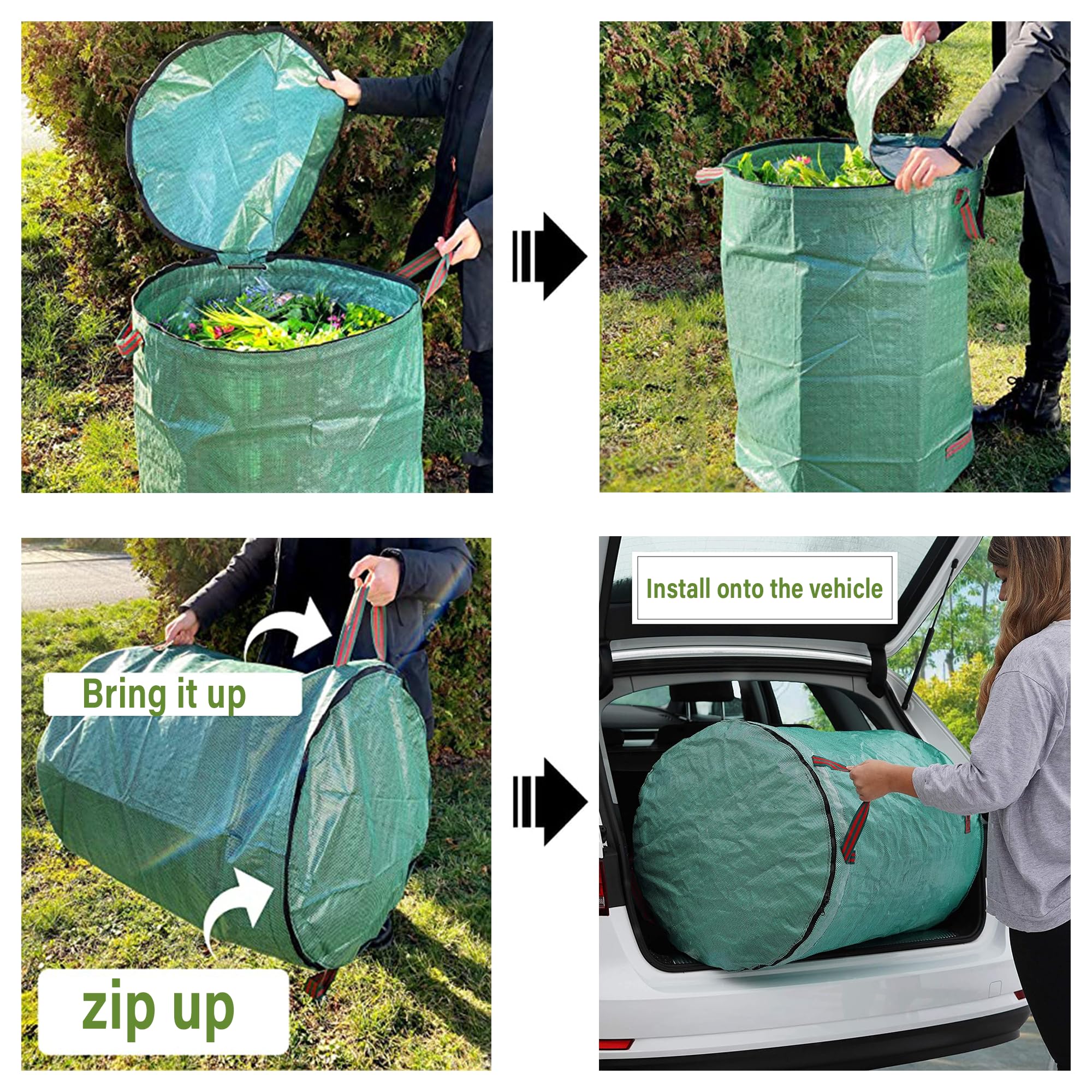 2PCS Sacchi da Giardino con Coperchio a Zip, Sacchi Spazzatura con 4 Maniglie Antistrappo, Robusto, Idrorepellente, Riutilizzabile per Raccogli Foglie da Giardino, Rifiuti Verdi(300L)