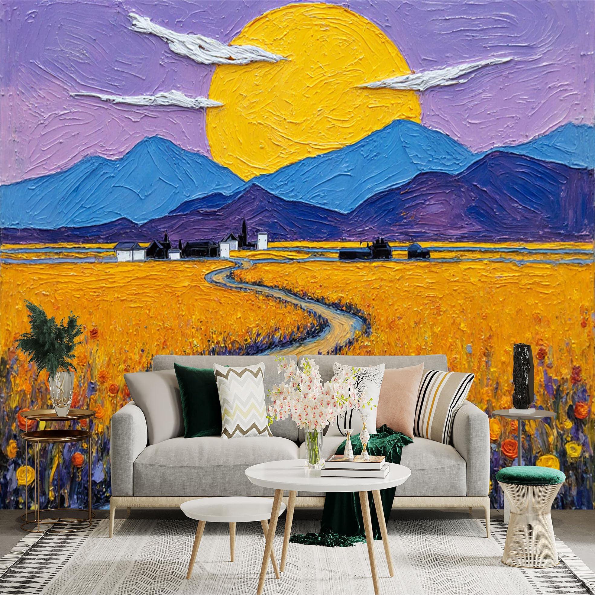 Lnzczhyre Xc260505510 Custom Size Wall Sticker Mural， Textured Oil Painting Of Golden Wheat Fields， Winding Path， Distant Blue Mountains And Sun， For Wall Decoration， Peelandstick Wall Decals.