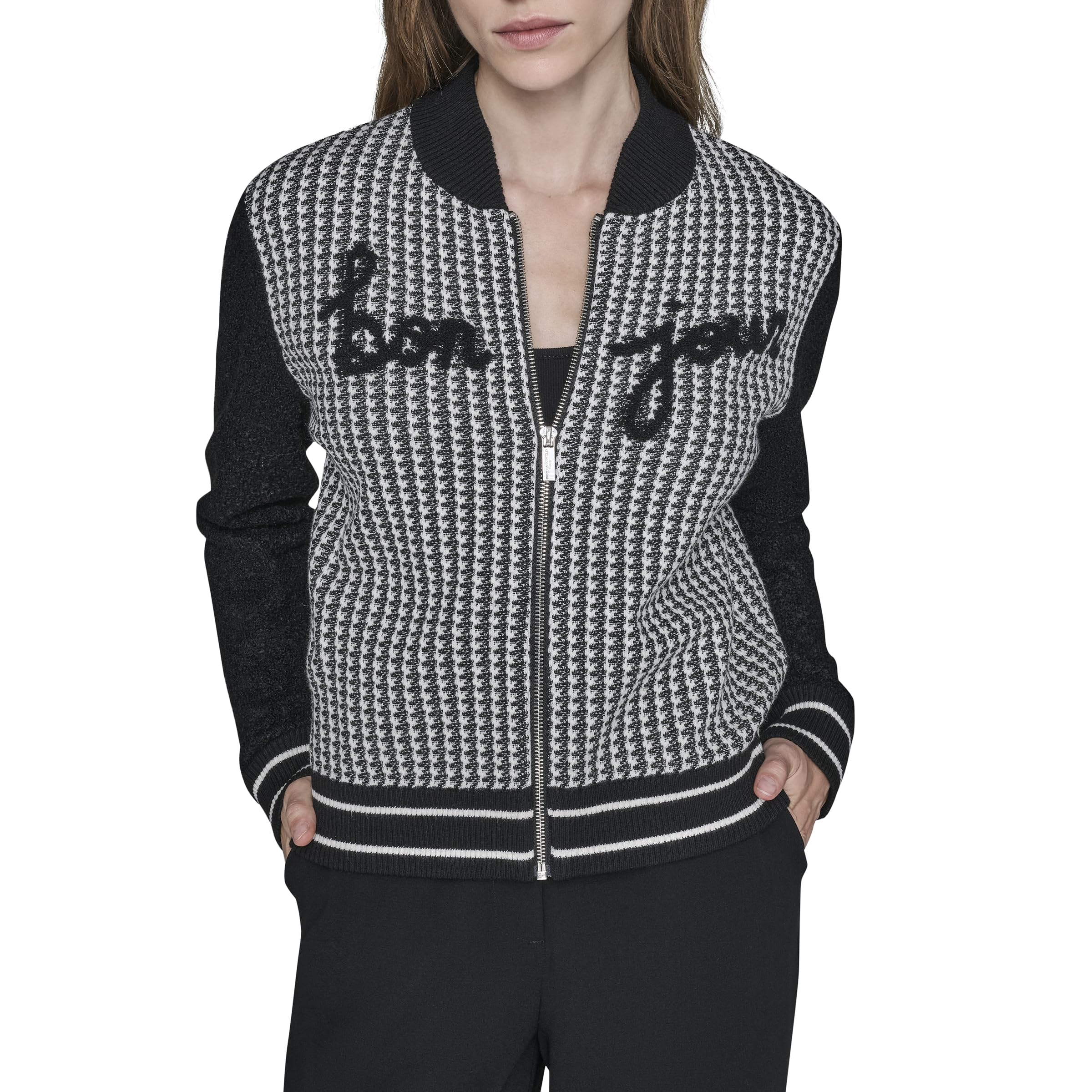 Karl Lagerfeld Womens Long Sleeve Crew Neck Bonjour Zip Up Sweater