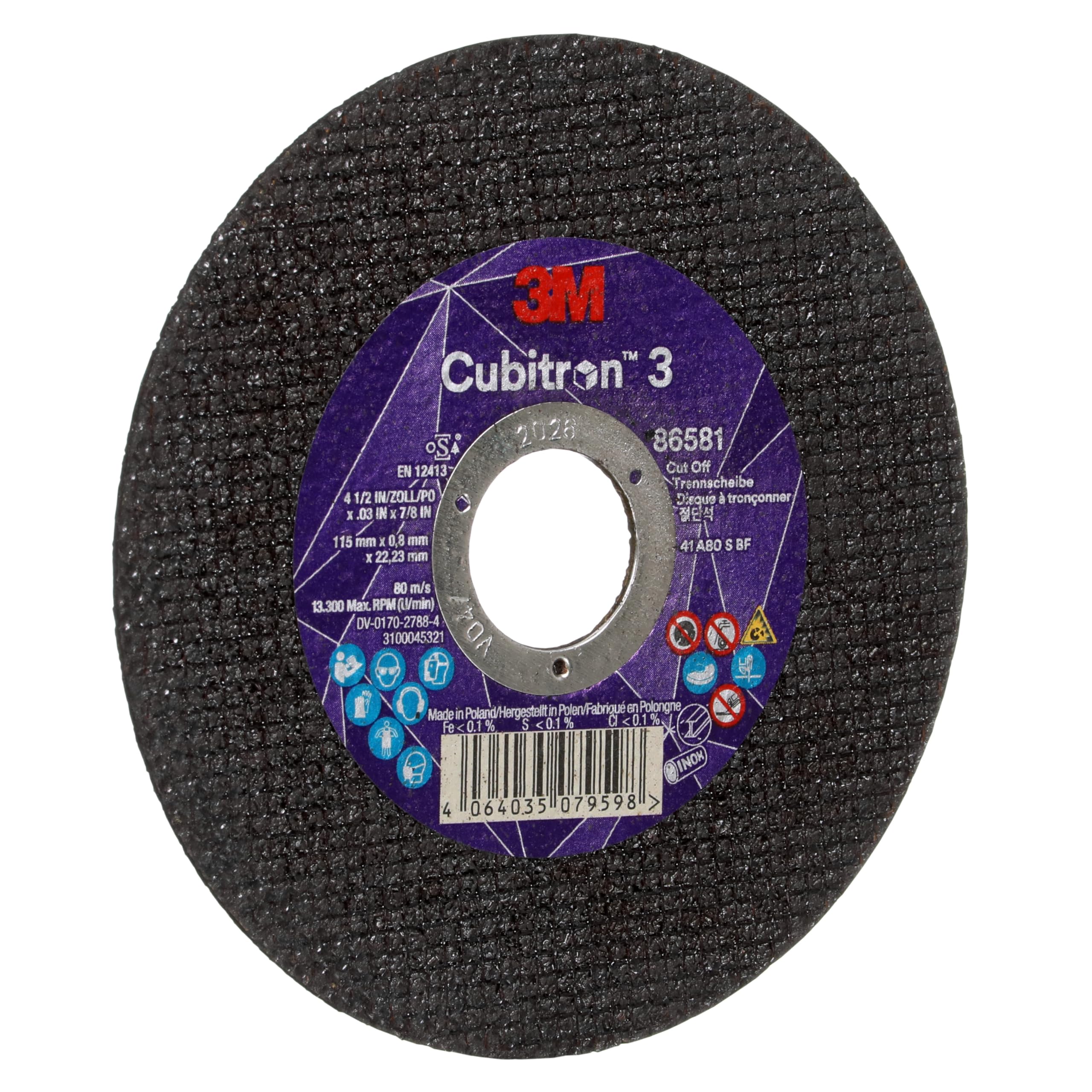 Disco da Taglio 3M Cubitron 3, 86581, 80+, T41, 115 mm X 0.8 mm X 22.23 Mm, En, 25/Pack