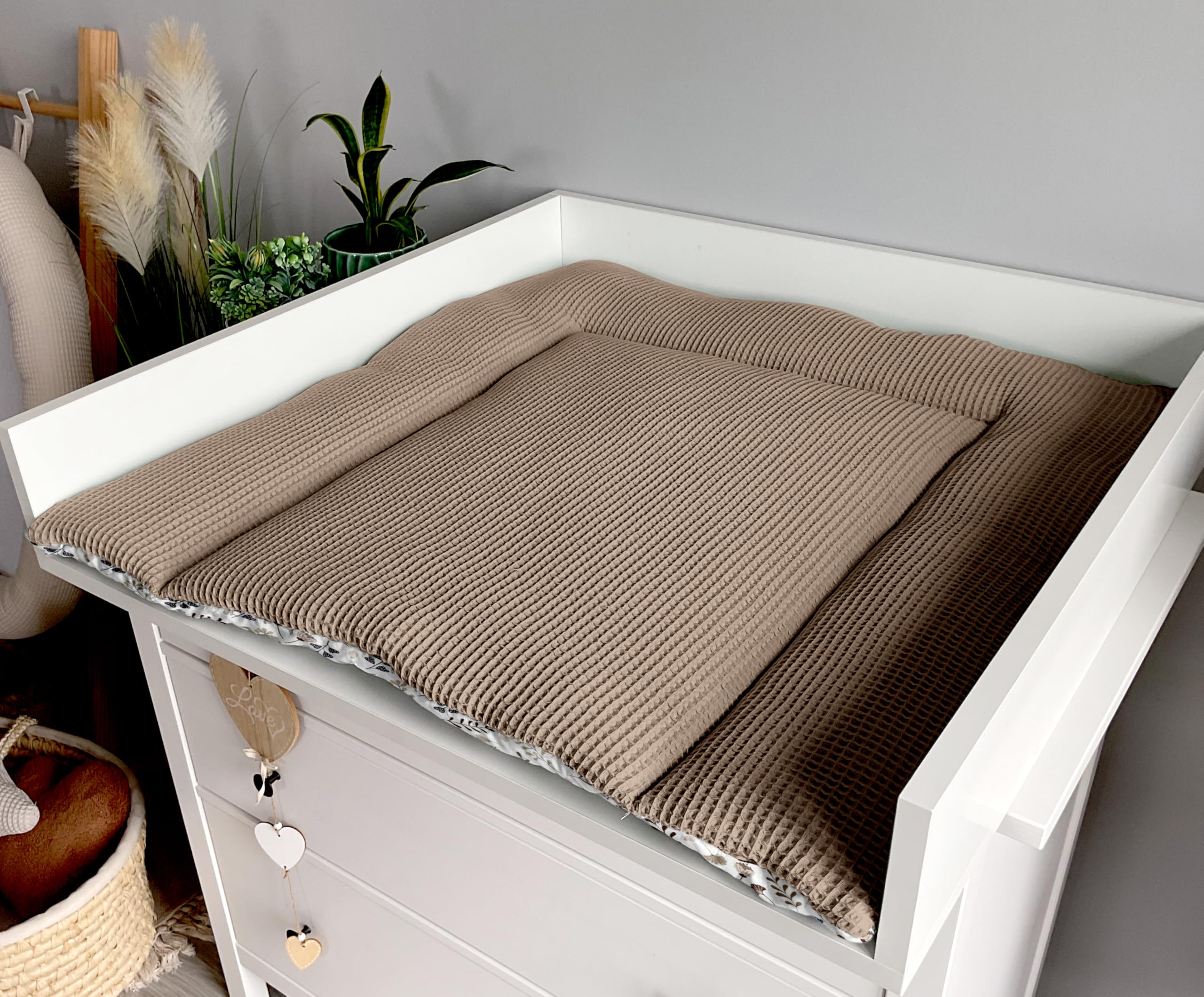 Wickelauflage Set 6-teilig – Wickelunterlage aus Baumwolle & Waffelstoff – Baby Wickelauflage – Geschenk zur Babyparty – Wickeltischauflage – 75x75 cm (Breite x Tiefe), Zweige und braun