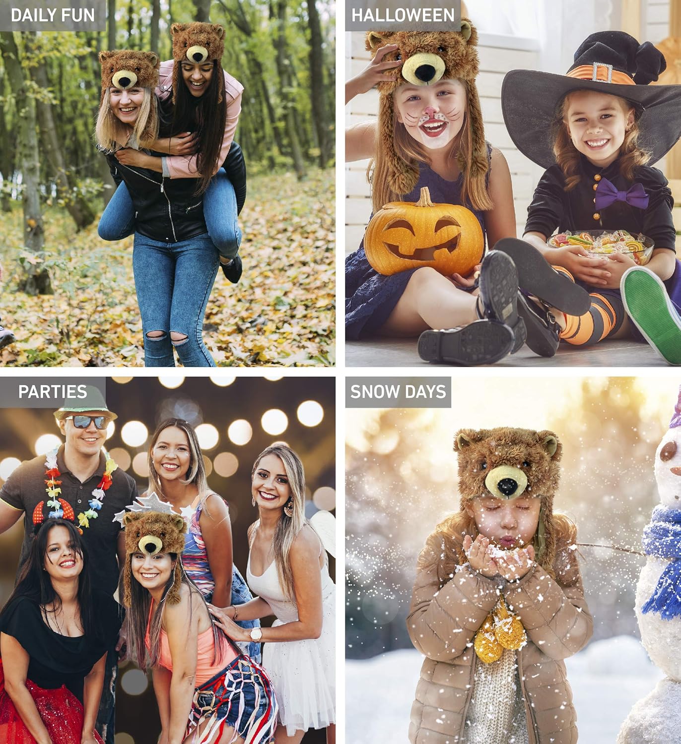 Puzzled Brown Grizzly Bear Hat - Soft Plush Animal Beanie with Ear Flaps, Cozy Fleece, Warm Winter Hat for Kids, Teens, Adults - One Size - Image 3