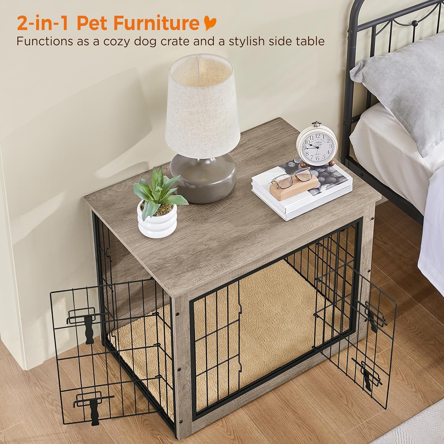 Yaheetech 32'' Dog Crate Furniture, Side End Table w/Cushion, Double Doors, Adjustable Feet, Wooden Kennel Cage for Small/Medium Dogs, Indoor Outdoor