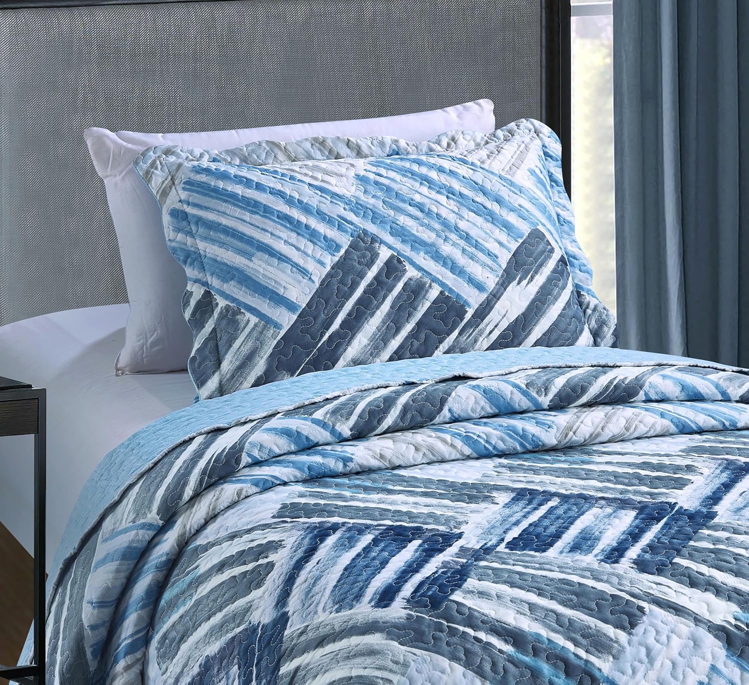 Brilliant Sunshine Blue and Grey Stripe Blocks Patchwork, 2-Piece Quilt Set with 1 Sham, Reversible Bedspread, Soft Lightweight Coverlet, All-Season, Twin, Blue Grey - Image 3