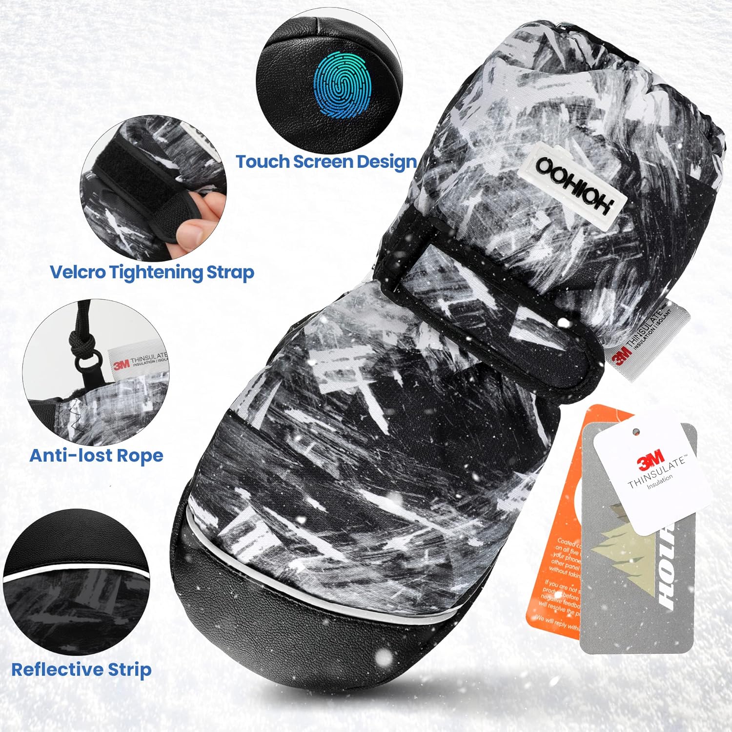 Penkiiy Kids Ski Mittens, Waterproof Snow Thinsulate Mittens Toddler Warm Winter Ski Snow Gloves With String For Boys Girls White - View #3