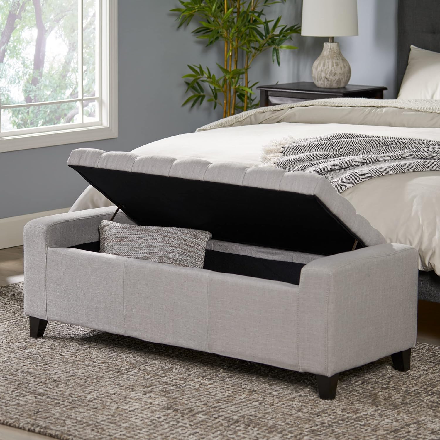Light Gray Tufted Fabric Storage Ottoman Bench