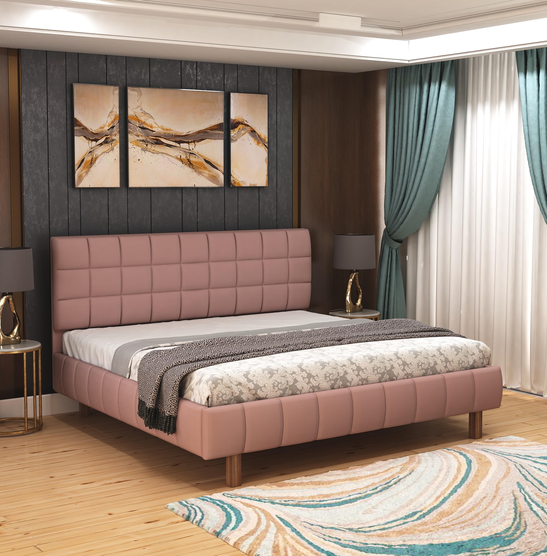 Craft Modern Upholstered Queen Size Bed for Bedroom | Double Bed Without Storage & Upholstery Premium Fabric Headboard | Platform Cot Bed for Bedroom & Hotel | Sheesham Wood, Pink | 6.5 x 5 Ft-image-47