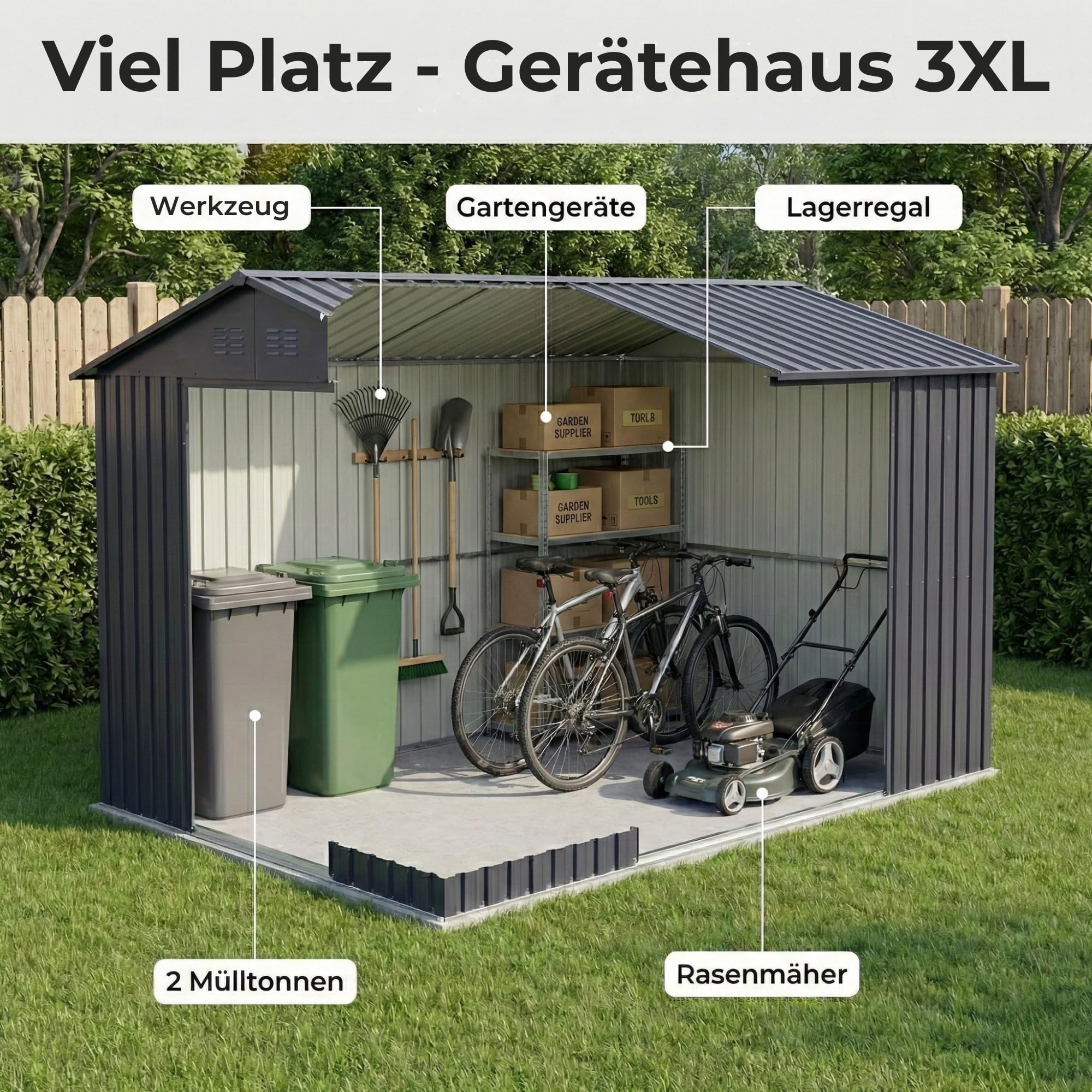 Albatros Gerätehaus 3XL | Anthrazit RAL 7016 | 371x304x201cm (22,6m³) | abschließbar inkl. Schloss & Werkzeughaken | Gartenhaus aus verzinktem wetterfestem Metall | Geräteschuppen Gartenschrank