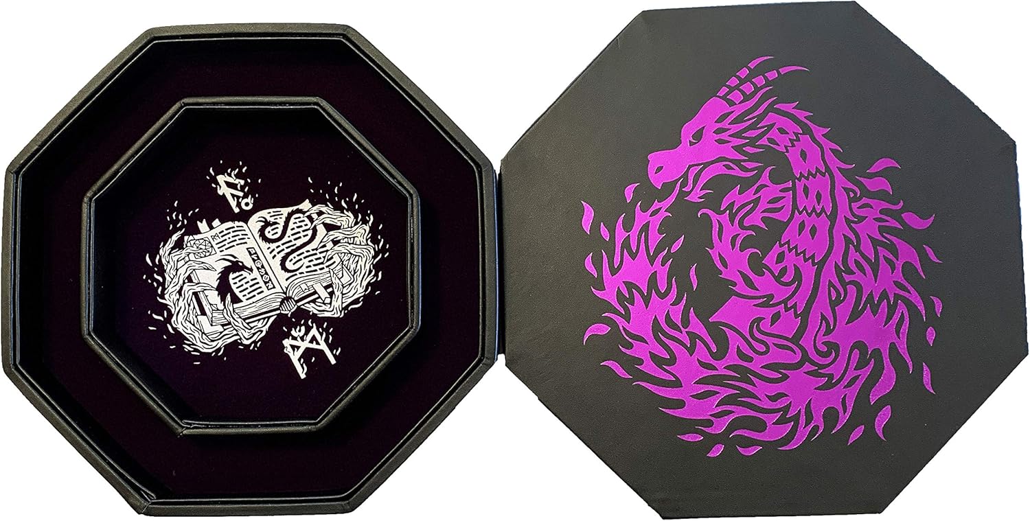 Fantasydice Purple Fire Dragon Dice Tray with Wizard Book Print – 9" Octagon with Dice Staging Area, Holds 5 Dice Sets – Perfect for D&D, Call of Cthulhu, Shadowrun, and All Tabletop RPGs