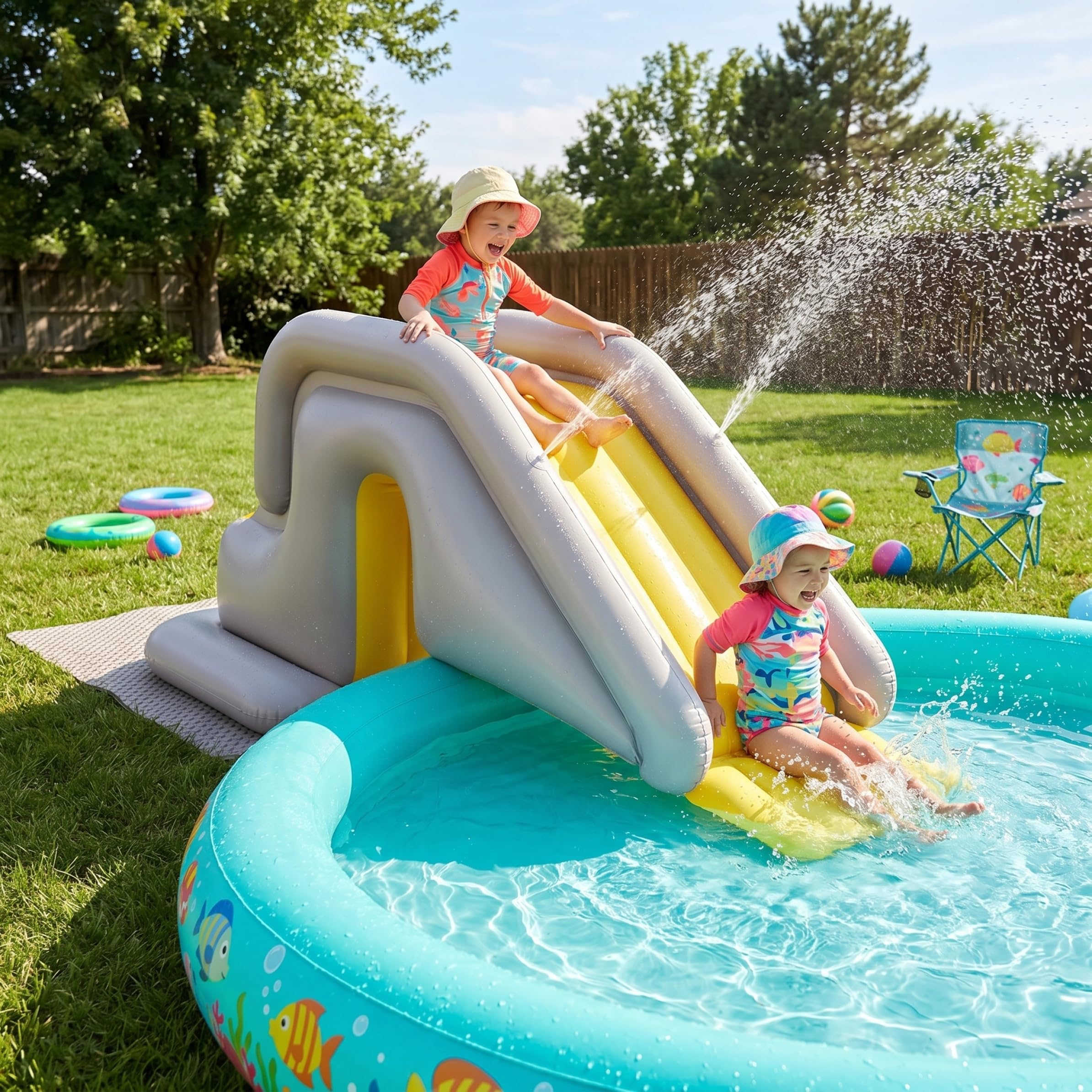 Toboggan de Piscine Gonflable, Toboggan de Piscine avec Large Base remplissable d'eau - Installation et Rangement faciles en PVC intérieur/extérieur pour Enfants et Adultes (Kaki, avec Pompe à Pied)