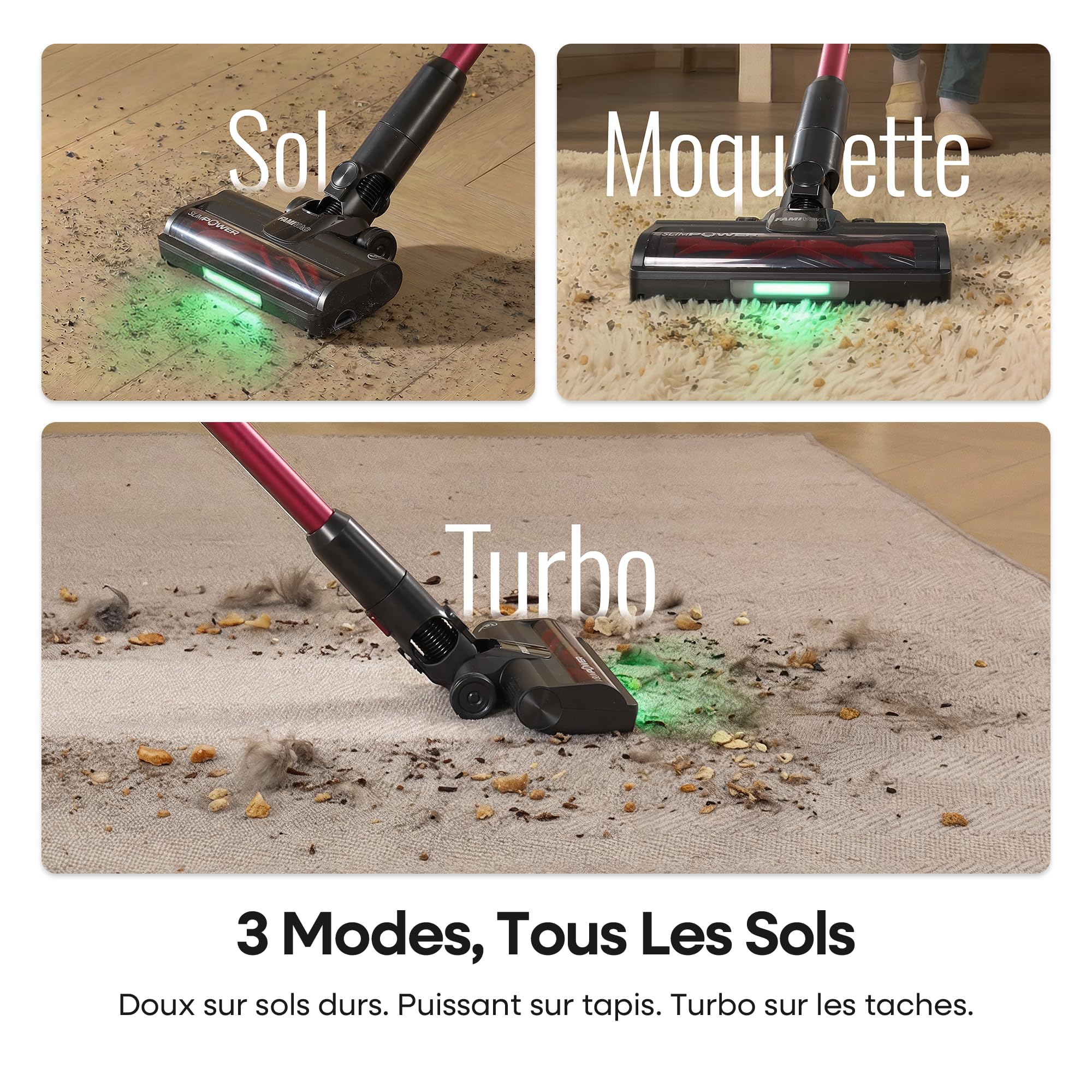 FAMIVAC FV3 Aspirateur Balai sans Fil 60KPa/50Min/120㎡, Tube Pliable, Autoportant à Brosse Anti-Enchevêtrement, Lumière Verte, Aspirateur à Main Puissant pour Sol Dur/Moquette/Poils Animaux/Voiture