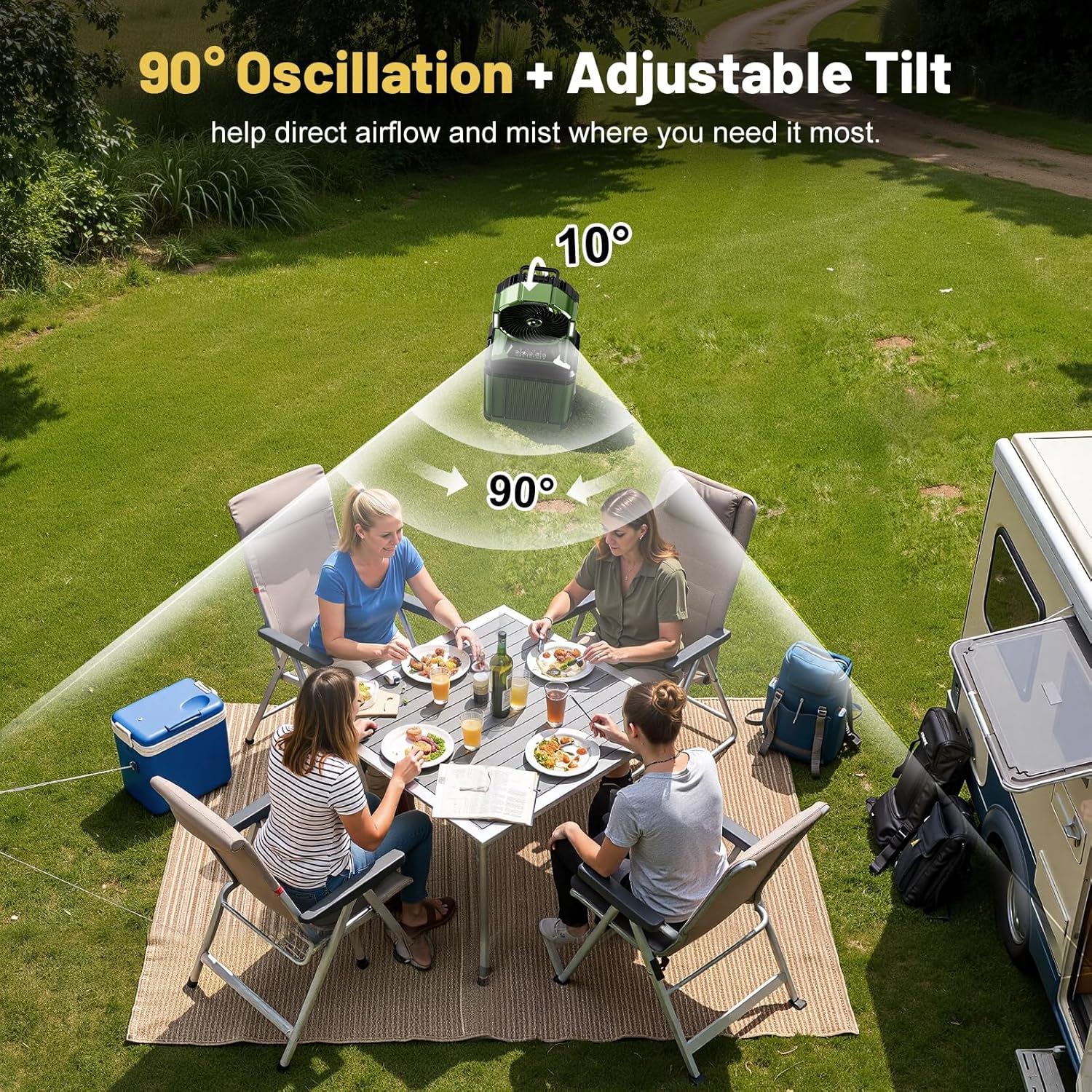 Misting Fan for Outside, 30000mAh Rechargeable Outdoor Cooling Fan with 4 Wind Speeds, High-Pressure Mist, 4 Mist Levels, 90° Oscillation, 4-Gallon Tank, for Patio, Camping, Sports, Jobsite