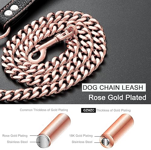 Miniatura 5 de GZMZC Correa de cadena para perro oro rosa 0591in resistente para perro con asa acolchada de cuero para perros medianos longitud total de 4 pies