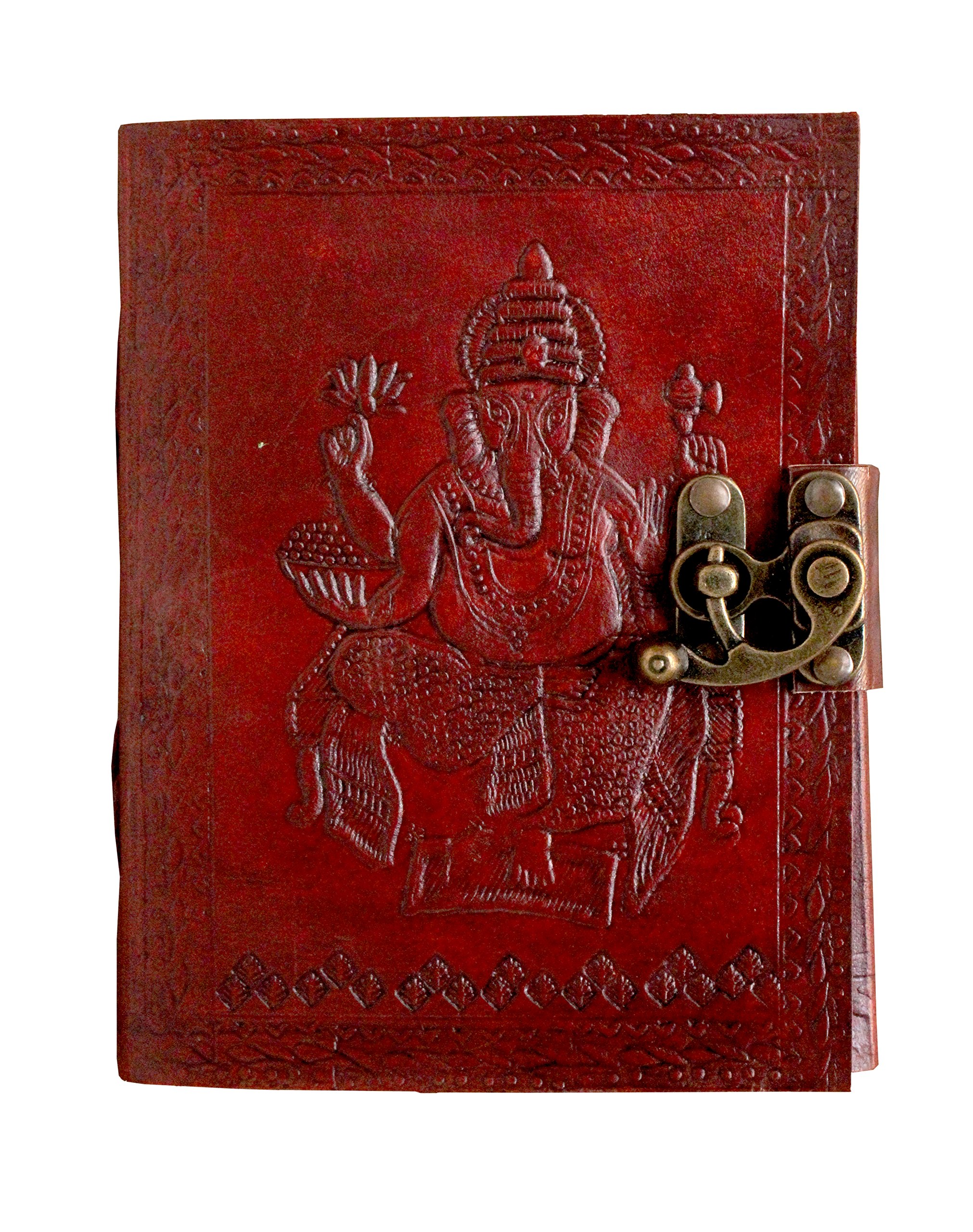 Pranjals House Pure Genuine Real Vintage Hunter Leather Handmade paper Notebook Diary For office Home to Write Poem Daily Update With attractive Metal Lock and Engraved Ganesha- Size of (H) 7 *(L) 5 Inch