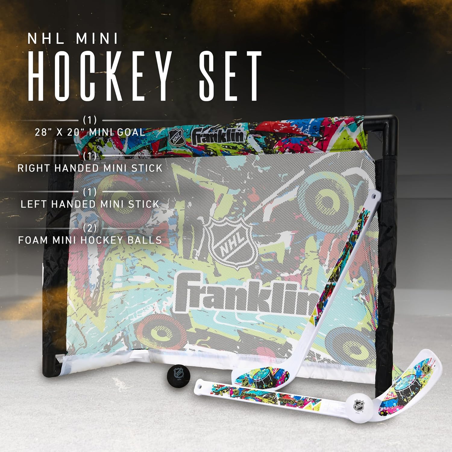 Franklin Sports NHL Kids Mini Hockey Set - Includes (1) Knee Hockey Goal, (2) Mini Sticks + (2) Foam Balls - Indoor Toy Youth Goal + Sticks Set - Graffiti - Image 8